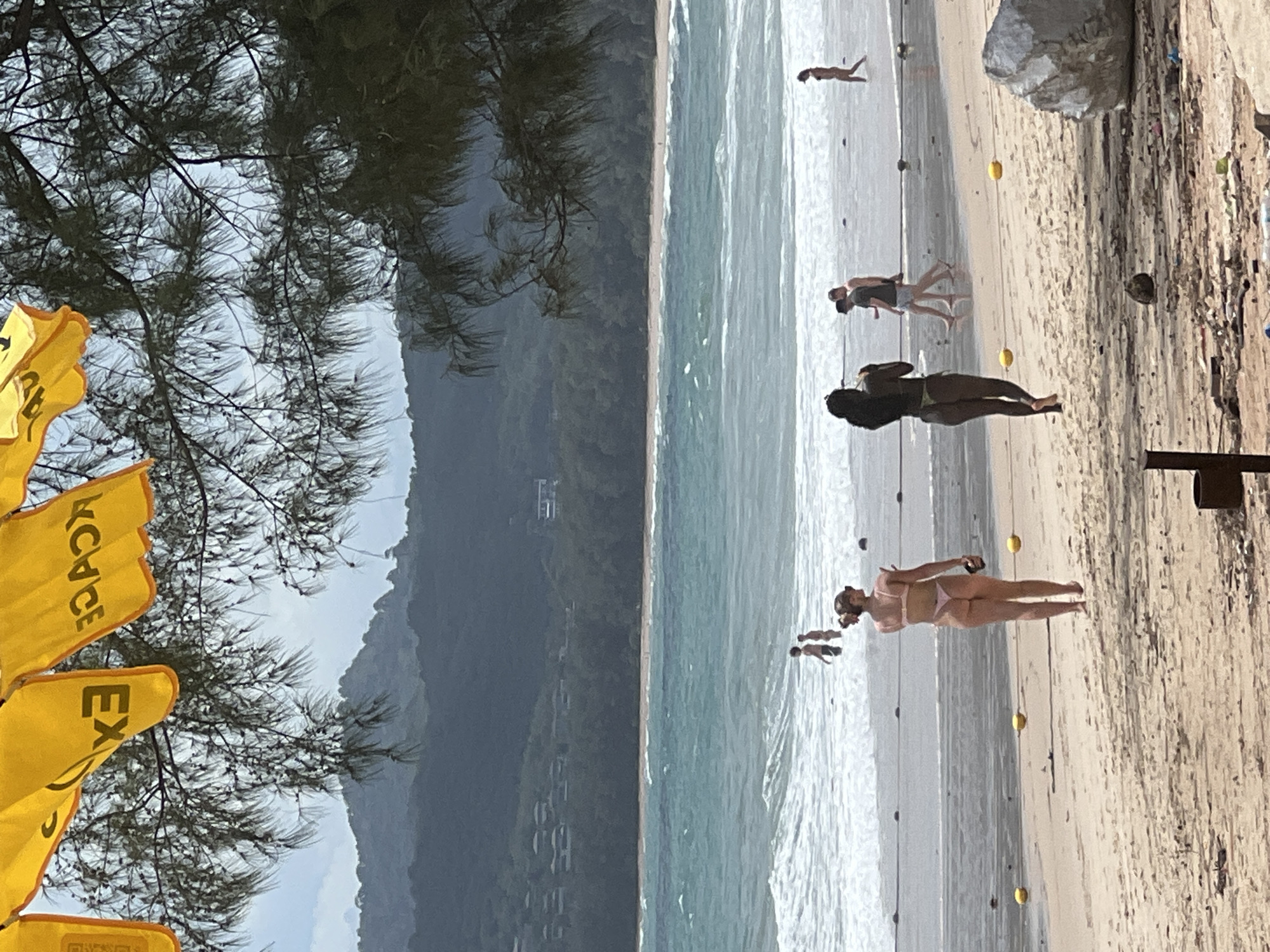 The image depicts a beach scene in an unknown city. The beach has light-colored sand and is adjacent to the ocean. Several people are present on the beach, some sunbathing and others walking along the shoreline. In the background, there is a lush green hillside or mountain range. A tree is visible on the left side of the frame. Also on the left, yellow flags are visible. The sky is partly cloudy. There are also markers in the sand along the beach.