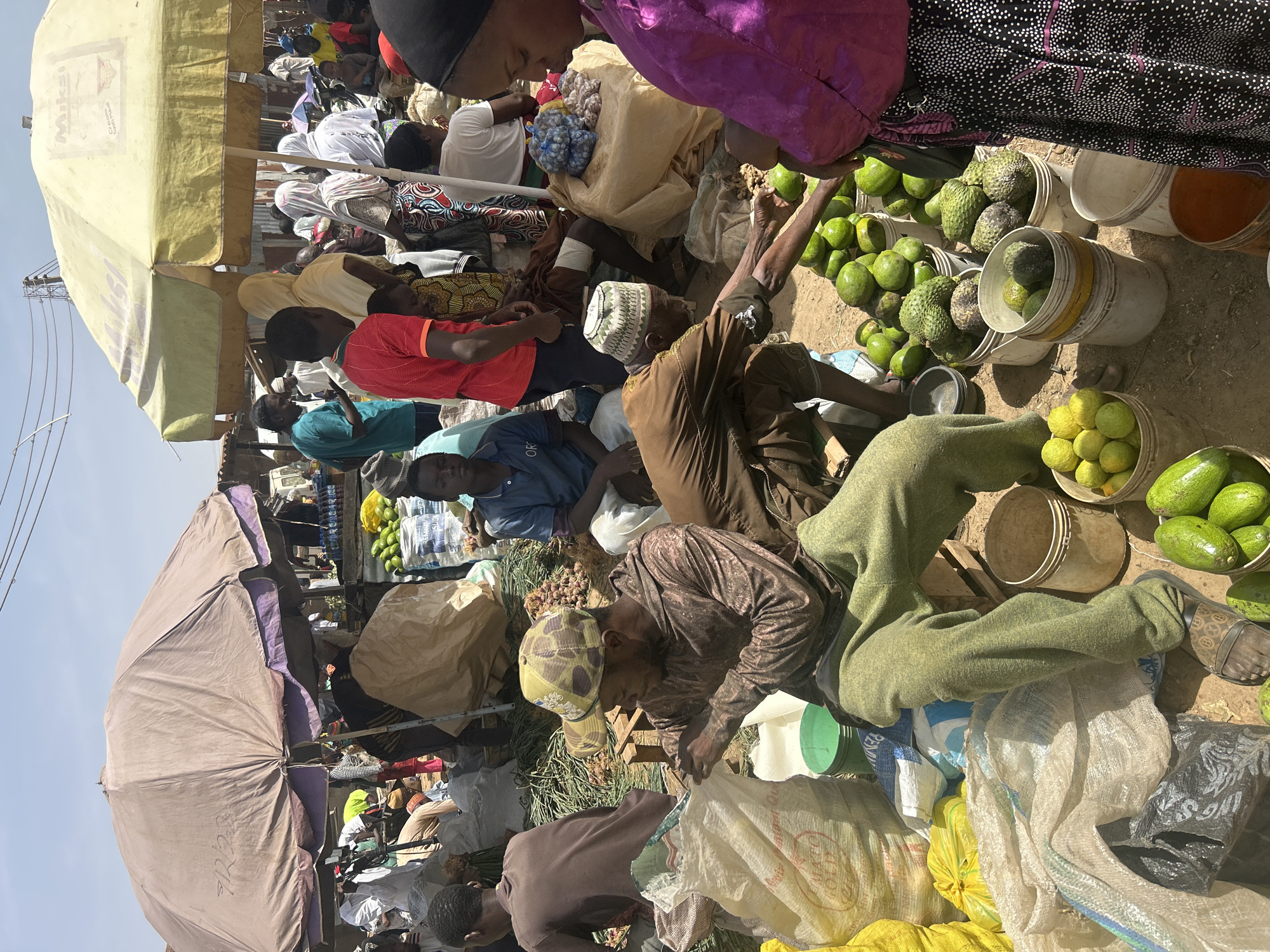 A medium, eye-level shot shows a bustling marketplace in Bukuru, Nigeria. Many people are seated on the ground, likely vendors selling their wares. Buckets filled with green and yellow fruits are prominent, suggesting the sale of produce. One person in a purple top appears to be buying the fruit. Various colored fabrics and bags are scattered around, indicating a range of goods on offer. Umbrellas provide shade, but the scene is brightly lit, suggesting a sunny day. People wear a variety of clothing, including traditional garments and caps. The environment appears crowded and active, with a mix of individuals engaged in buying and selling.