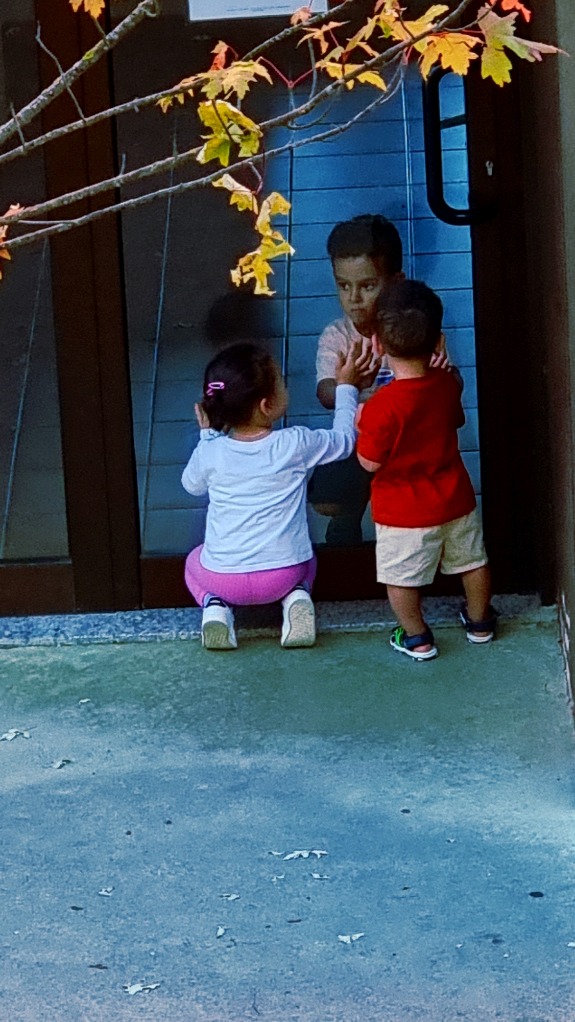 The image depicts three young children interacting in an outdoor environment. Two children, a girl in a white long-sleeved shirt and pink leggings, and a boy in a red t-shirt and light-colored shorts, are facing away from the camera and appear to be looking into a reflective surface. The girl is crouching with her hands raised, while the boy is standing. A third child, a boy wearing a pink shirt, is partially visible in the reflection, also with his hands raised. The background consists of a dark, reflective surface that appears to be a glass door or window, with horizontal lines visible on its surface. Above, branches with yellow and orange leaves hang over the scene, suggesting an autumn setting. The ground in front of the children is a textured, greenish-blue surface, possibly concrete or asphalt, with scattered debris. The scene is consistent with an area found in the city of Sant Joan Les Fonts, Spain, possibly near a building or park with such architectural features and foliage.