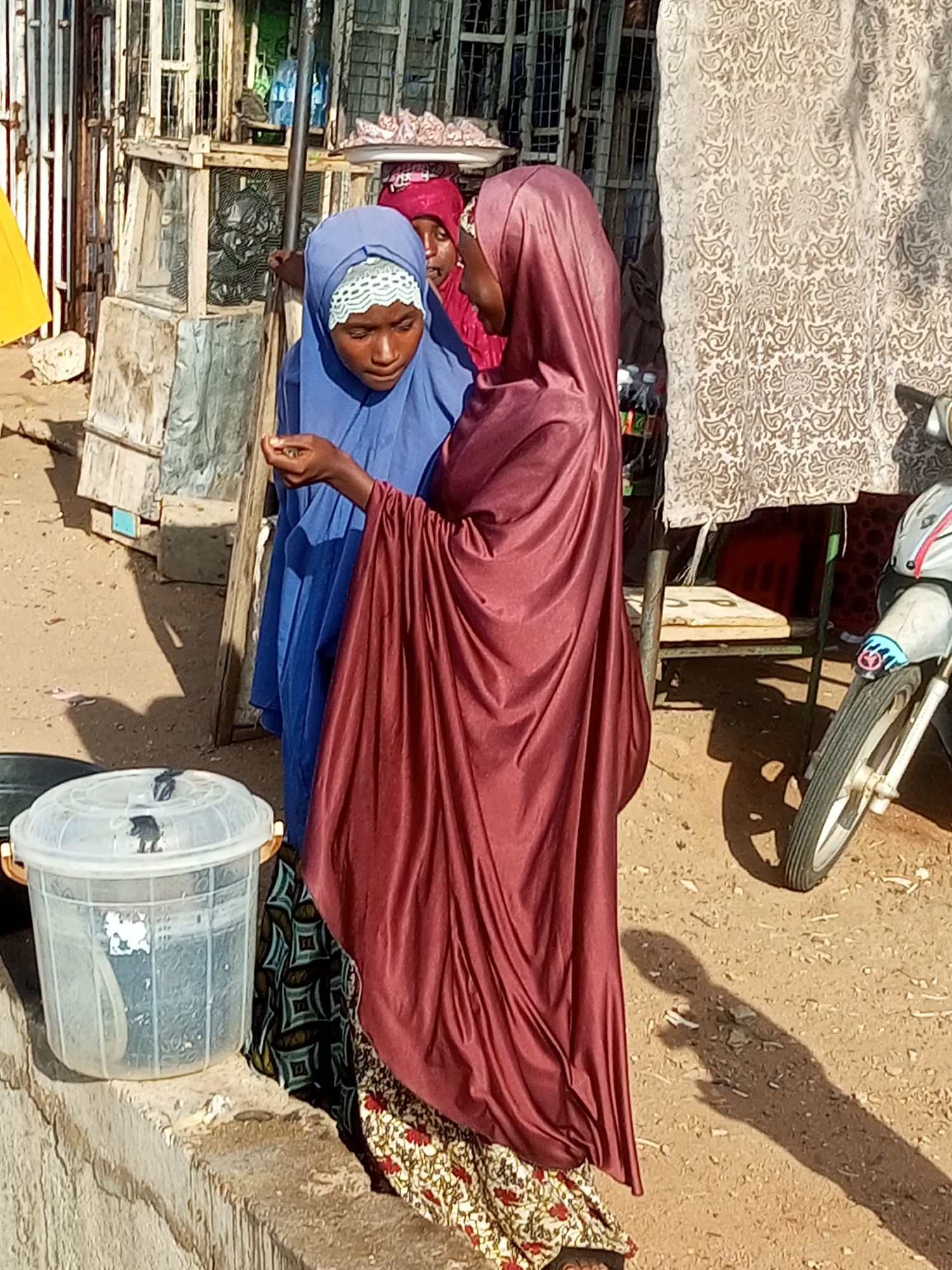 In Gombe, Nigeria, two young women in traditional Muslim attire engage in conversation. The woman on the left, wearing a blue hijab with a white lace trim, looks down as if considering something offered by the other woman. Her hands are small and delicate. The woman on the right, draped in a flowing burgundy hijab and patterned skirt, gestures with her right hand, her face partially obscured by her head covering. Her left hand is also visible. They stand outdoors on a dusty, uneven ground. Behind them, a stall or market scene unfolds with various goods and structures, including a large, clear plastic container filled with water on a low concrete ledge. A motorcycle is parked to the right, its wheel casting a shadow on the ground, suggesting it is a sunny day. The overall impression is one of a casual interaction in a bustling marketplace.