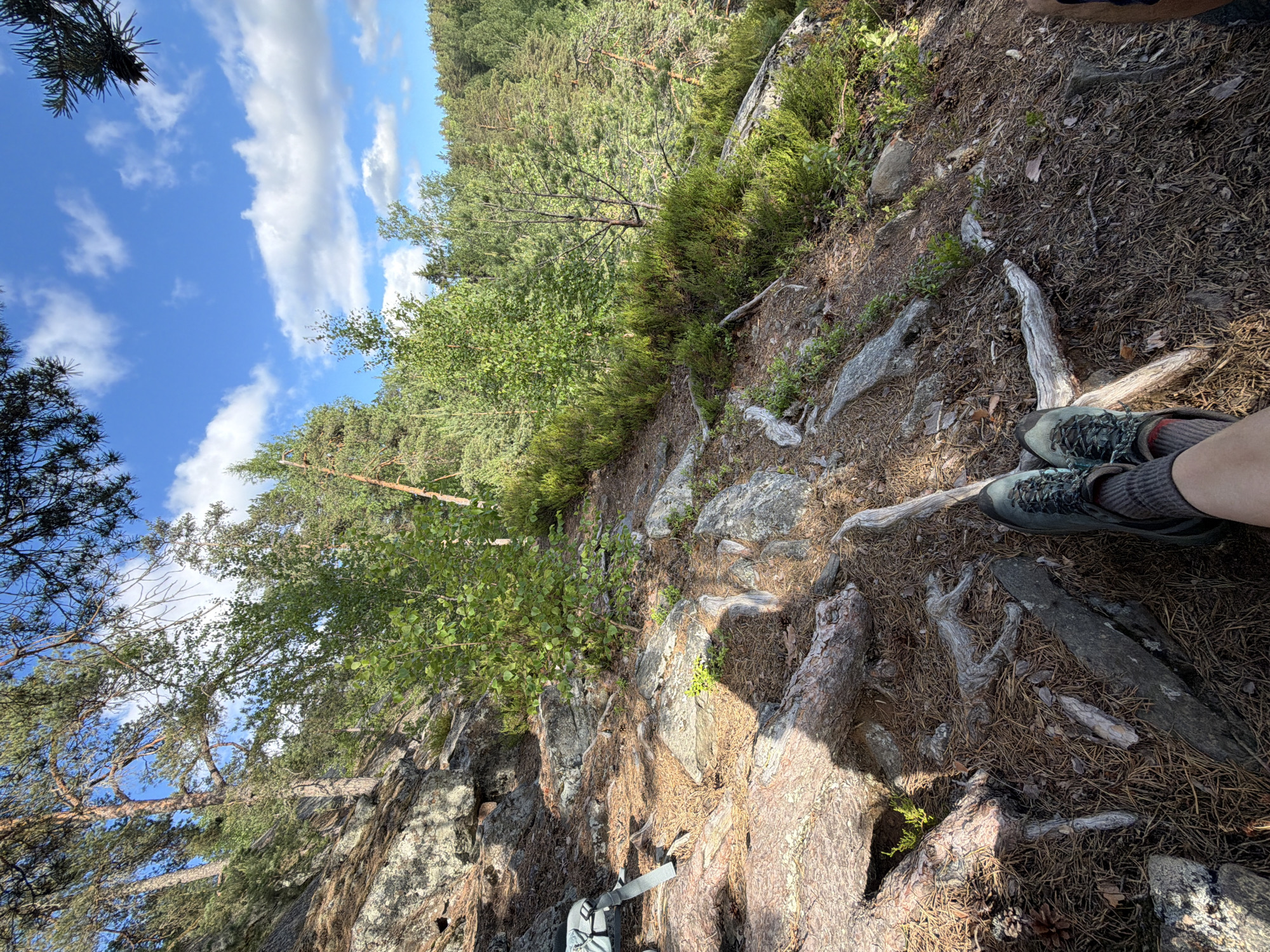 The image depicts a person's legs and feet resting on a forested hillside. The individual is wearing hiking boots and socks, with their legs crossed. The ground is covered in pine needles, rocks, and exposed tree roots. In the background, a dense forest can be seen with a clear blue sky and scattered clouds above. A backpack is visible to the left of the frame, resting on the rocky terrain. The scene appears to be a tranquil outdoor setting, possibly a hiking trail. The location is not identifiable as Ruch'i, Russia based on visual cues.