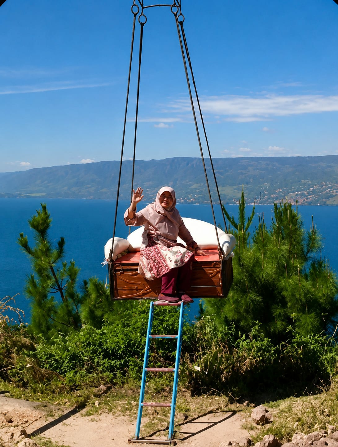 A woman wearing a pink hijab and a patterned skirt is seated on a swing constructed from a wooden chest, suspended by ropes from an overhead frame. She is waving with her right hand. The swing is positioned in front of a scenic backdrop of a large body of water, with mountains in the distance and a clear blue sky above. Green trees and lush vegetation surround the swing and frame the foreground. A blue ladder with red rungs is placed beneath the swing, likely for access. The scene is set outdoors in a natural environment, possibly a tourist attraction. The location is identified as Parik Sabungan, Indonesia.