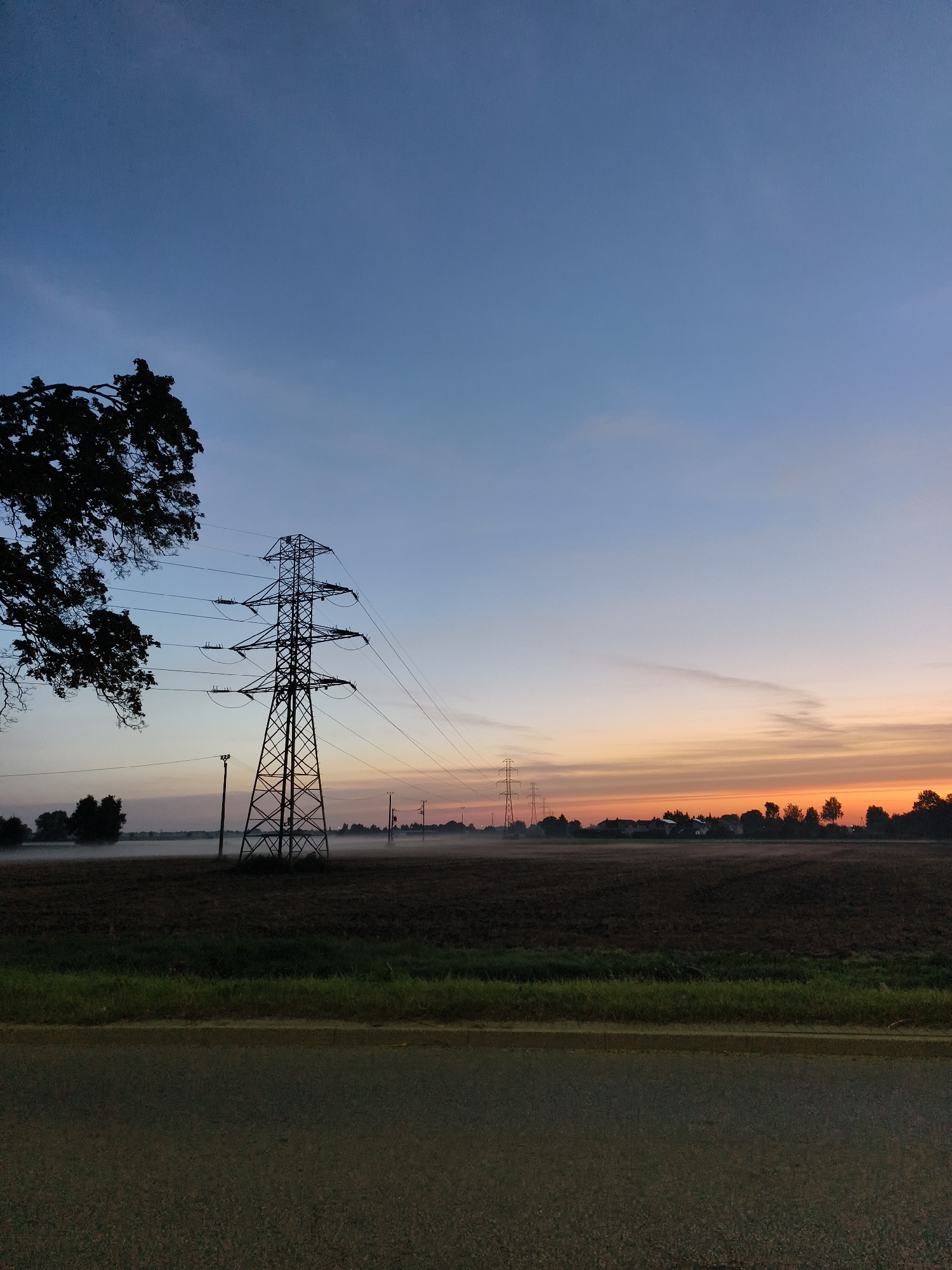The image depicts an outdoor scene at dusk, likely in a rural or semi-rural area. A large electrical pylon dominates the mid-ground, with multiple power lines extending from it across the frame. To the left, the silhouette of a large tree branch with foliage extends into the upper left quadrant. The background features a field, a line of trees and buildings, and a hazy mist close to the ground. The sky transitions from a deep blue at the top to lighter shades of blue and orange near the horizon, indicating the setting or rising sun. A paved road or path is visible in the foreground. The scene does not contain any people or animals. The general atmosphere is calm and serene, characteristic of twilight.