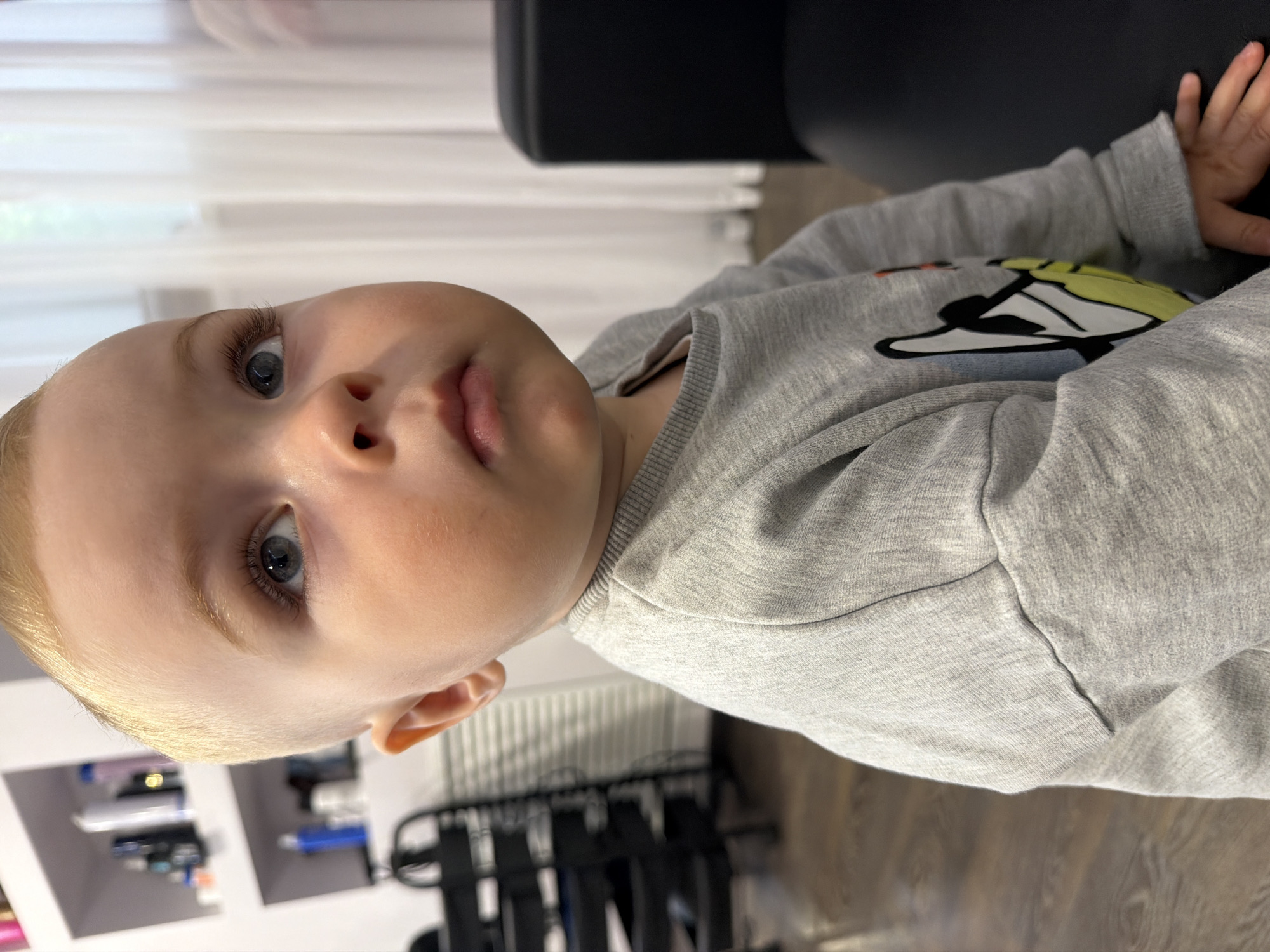 A close-up shot of a young child with fair skin, light-colored hair, and blue eyes. The child is wearing a gray long-sleeved shirt with a cartoon character print. A hand is partially visible near the child's shoulder. The background is somewhat blurred, but it appears to be an indoor setting, including furniture or shelving. The location is unknown and could not be determined.