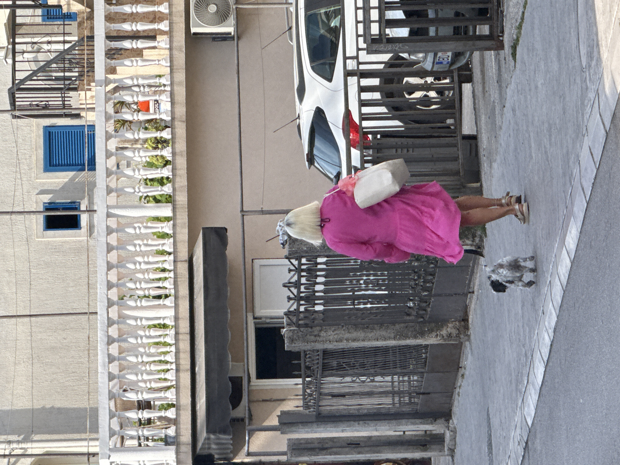 A woman with blonde hair, wearing a bright pink dress and sandals, walks on a sidewalk in Budva, Montenegro, accompanied by a small black and white dog on a leash. She carries a white bag in her right hand. Behind her, a white SUV is parked next to a metal gate. The scene is set in an urban environment with buildings and a residential balcony visible in the background.