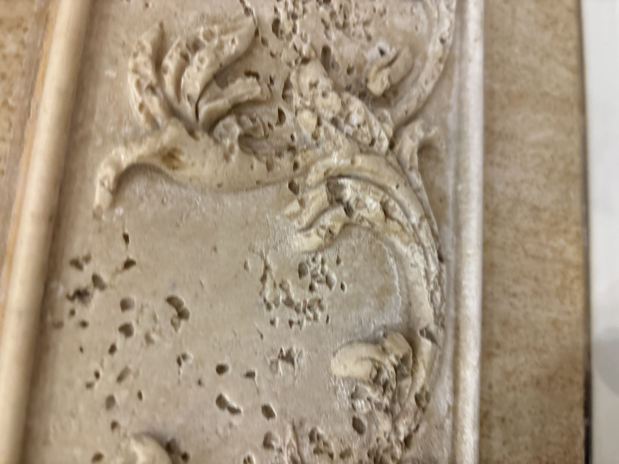 The image shows a close-up, side-view of a carved relief on what appears to be a stone surface. The carving features a stylized bird with a long neck and ornate tail feathers, intertwined with scrolling acanthus leaf motifs. The stone itself has a textured, porous surface with small pits and irregularities. A horizontal, rounded element is visible at the top of the frame, possibly an architectural molding. The lower part of the image shows a smooth, flat surface, likely a continuation of the architectural element or a base. The lighting suggests an indoor environment with a light source from the right. There is no indication of a specific location in Georgiyevsk, Russia.