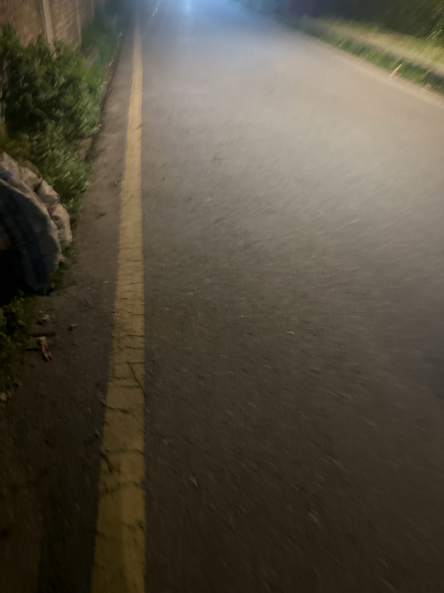 The image is a low-angle, slightly blurry shot of a road in Lalitpur, Nepal at night. A prominent yellow line divides the asphalt road. To the left of the road, there is a patch of greenery and a brick wall. There are some discarded items, possibly trash bags, near the edge of the road. The road surface appears wet, reflecting the light from an unseen source, likely a streetlight or vehicle headlights, which creates a bright glow in the upper portion of the image. The overall impression is of a quiet, possibly damp, urban roadside at night.