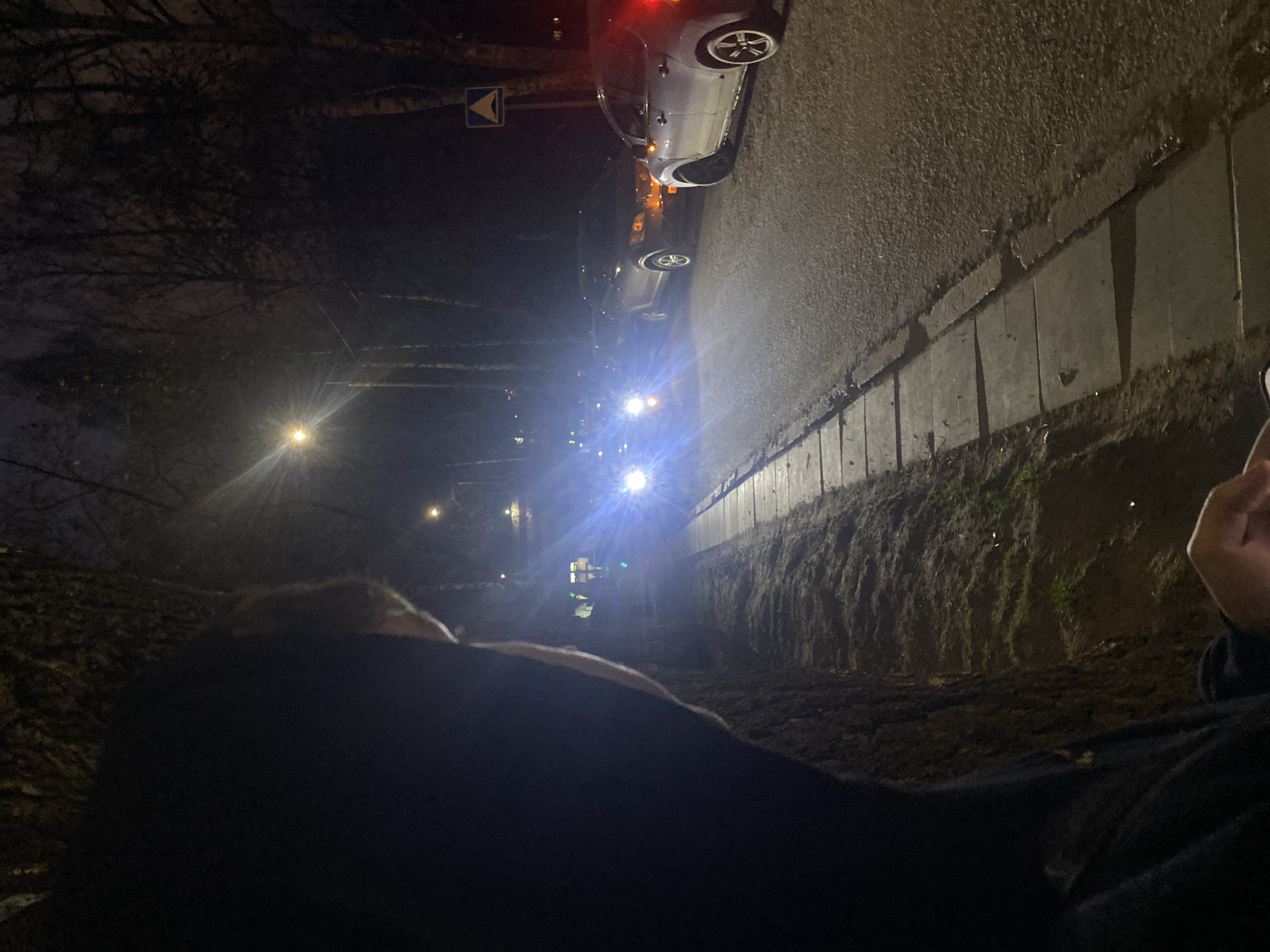 At night in Izhevsk, Russia, the photograph shows a person in dark clothing from a low angle, possibly lying down. A street runs along a sidewalk lined with concrete slabs and a dirt embankment with sparse vegetation. Car headlights and taillights illuminate the scene along the road, with a traffic sign visible. Streetlights cast a glow on the trees and power lines above.