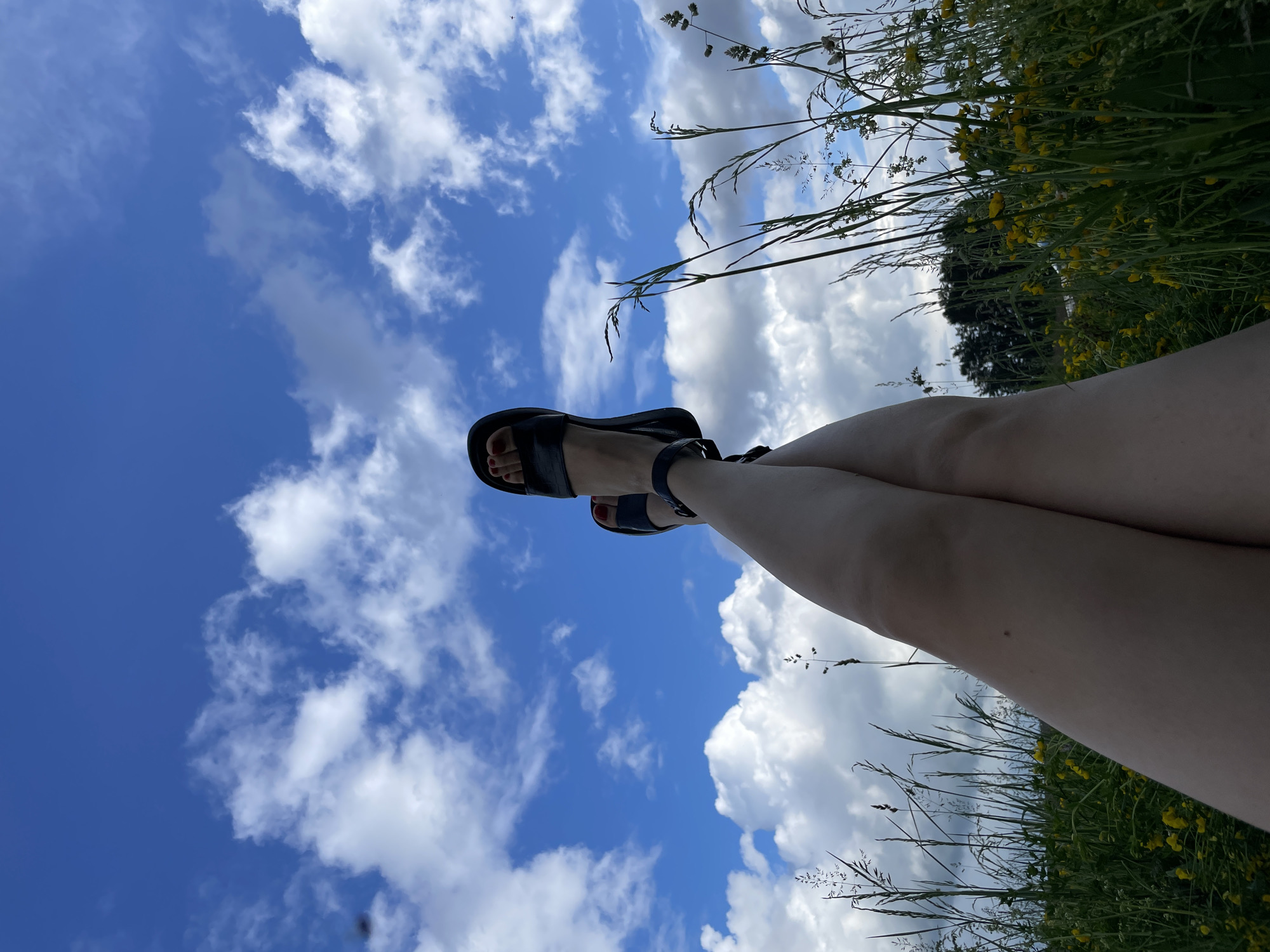 A low-angle outdoor shot shows a person's legs crossed in the foreground, extending upwards towards a bright blue sky filled with fluffy white clouds. The person is wearing dark sandals. The legs are surrounded by tall green grass and small yellow wildflowers. In the background, a line of dark green trees is visible. The image appears to have been taken in a natural setting, likely a meadow or field. The specific location within Прикамский, Russia, is not discernible from the image itself.