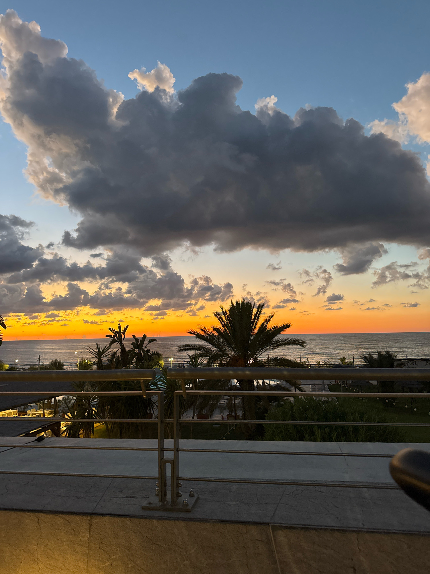 The image captures a serene sunset over the sea in Isola delle Femmine, Italy. The sky is a canvas of dramatic clouds, ranging from dark gray to brilliant orange and yellow near the horizon, transitioning to a clear blue overhead. The sun, low in the sky, casts a warm glow across the water, which appears calm.
In the foreground, a metallic railing runs horizontally across the frame, suggesting a balcony or viewing deck. Behind the railing, palm trees and other lush vegetation are visible, hinting at a tropical or Mediterranean setting. Beyond the greenery, a distant coastline with scattered lights suggests the presence of a town or resort. The overall atmosphere is peaceful and tranquil, characteristic of a seaside evening. The specific location is identified as Isola delle Femmine, Italy.