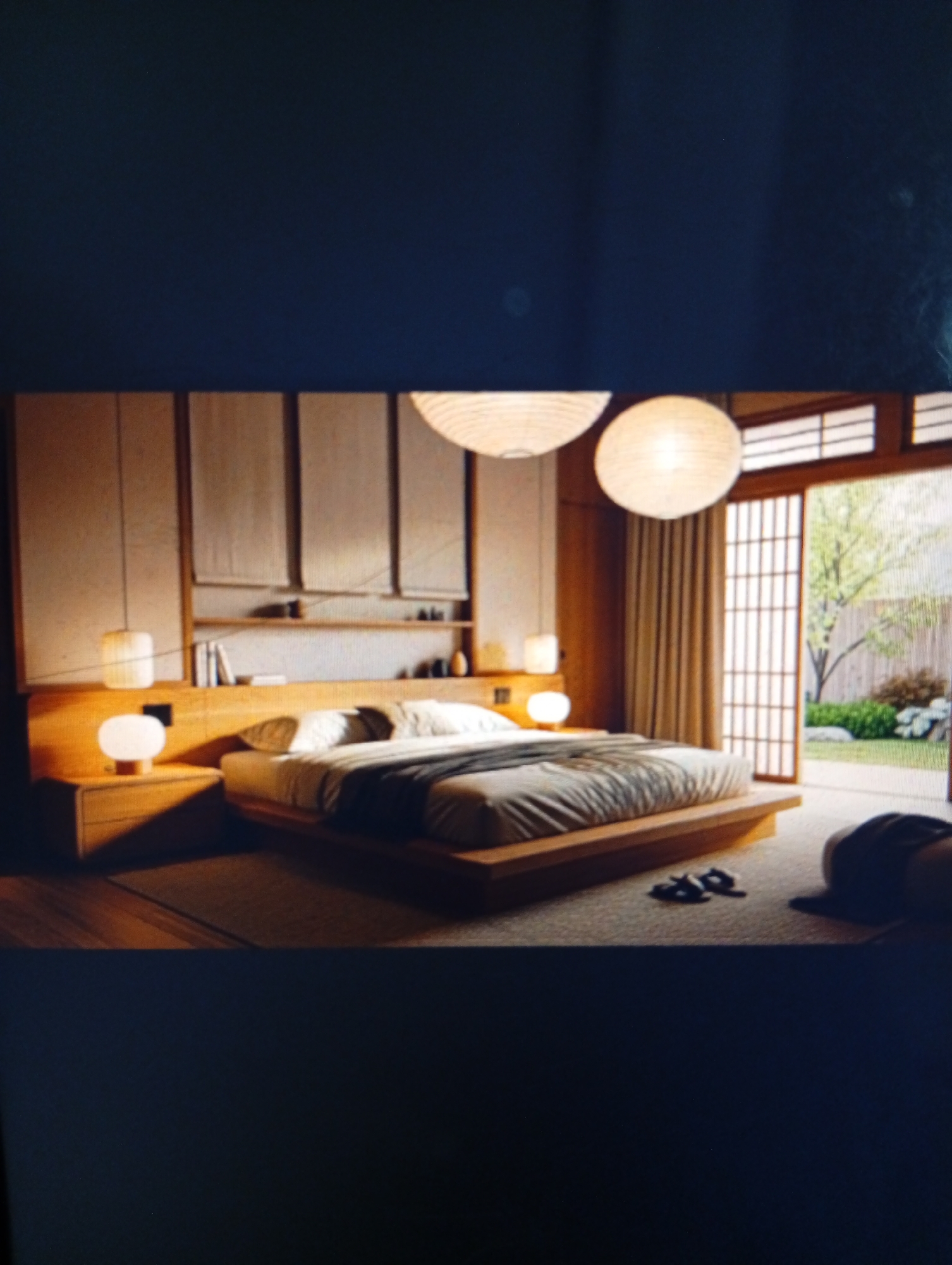 A bedroom with a Japanese-style interior. The room features a low platform bed with neutral bedding, flanked by wooden nightstands with spherical lamps. The headboard is integrated into a wall unit with built-in shelving. Two round paper lanterns hang from the ceiling. Sliding glass doors lead to an outdoor garden with greenery. A pair of slippers rests on the floor near the bed, along with a dark-clothed figure. The location is not Dutsen Alhaji, Nigeria.