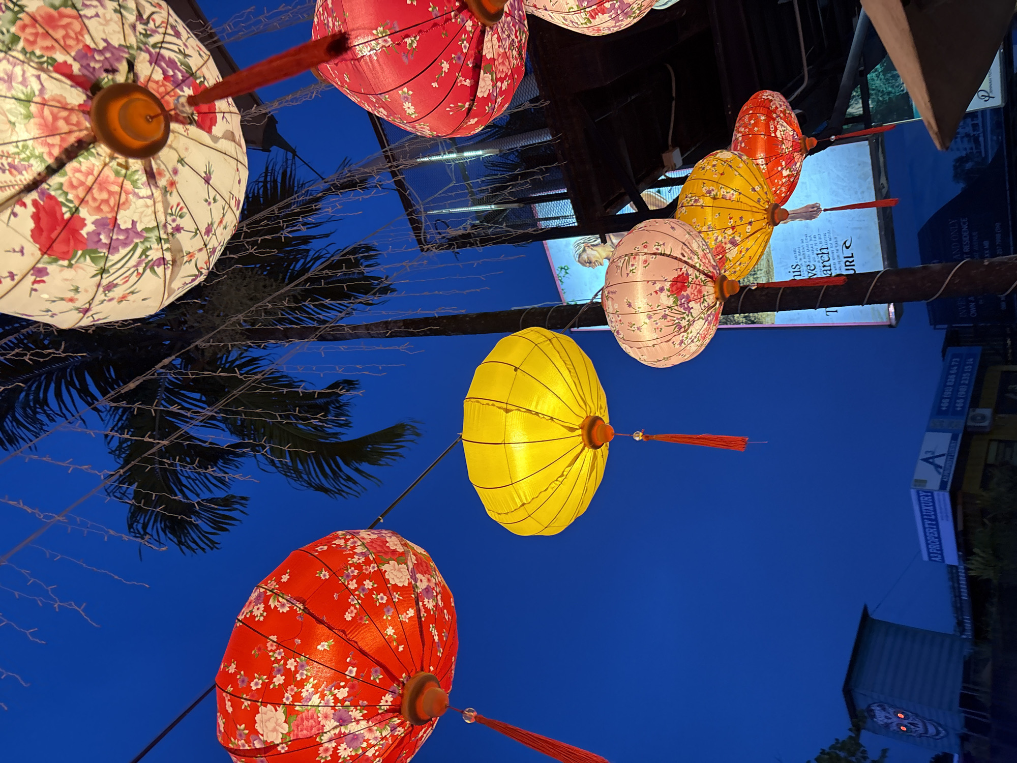 This image, taken at dusk in Choeng Thale, Thailand, features a cluster of illuminated paper lanterns hanging from strings. The lanterns are of various colors, including red, yellow, and white, and many are adorned with floral patterns. A palm tree is visible in the background, its fronds silhouetted against the deep blue twilight sky. Below the lanterns, a building with signage is partially visible, including text that reads "A3 PROPERTY LUXURY." There are no people clearly depicted in the scene. The overall atmosphere is festive, likely due to the display of lanterns.