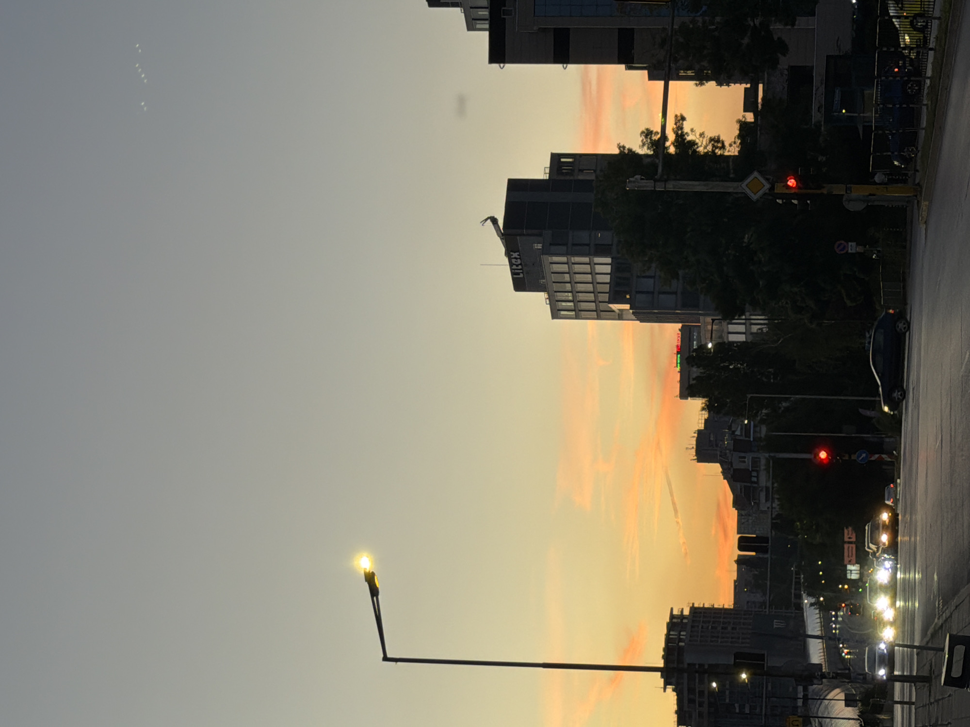 In Sofia, Bulgaria, a street scene unfolds at dusk. The sky is a gradient of pale gray to soft orange, with wispy clouds. A solitary streetlamp illuminates the foreground, its bright light cutting through the dimming atmosphere. In the midground, a modern, dark-colored building with "Litex" emblazoned on its facade stands tall, topped with a distinctive, possibly metallic, rabbit-shaped sculpture. To its right, another tall building with reflective windows is visible. Across the street, a traffic light displays a red signal. Several cars are on the road, some with their headlights on, indicating the transition to night. Construction cranes and unfinished buildings are also present, suggesting ongoing development in the city. The overall impression is one of an urban environment at the cusp of evening.