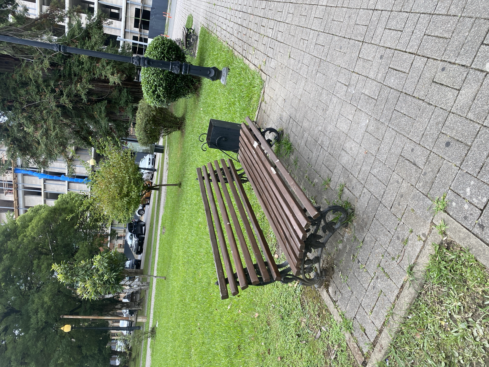 A park bench sits on a paved walkway in Sokhumi, Abkhazia. The bench is made of dark wood slats and ornate black metal legs. Next to the bench is a black trash can. The walkway is surrounded by a lush green lawn. In the background, there are trees, a street light, and a building under construction. Cars are visible on the street.