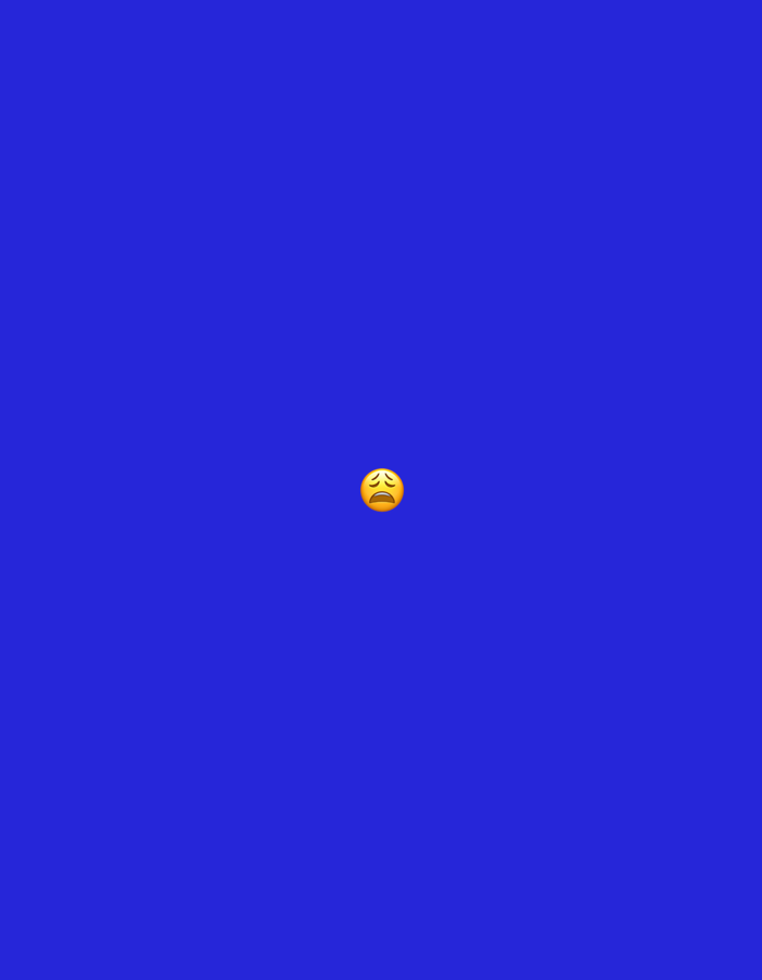 The image displays a flat, uniform background of a vibrant royal blue color (hexadecimal approximation: #2929FF). Centrally positioned, slightly below the vertical midpoint, is a single yellow circular emoji. The emoji features furrowed eyebrows, closed or downturned eyes, and a small, downward-curved mouth, conveying an expression of distress, worry, or sadness. There are no other discernible subjects, objects, people, actions, or interactions depicted. The environment is entirely abstract and digital, with no elements suggesting a physical location, geographical features, or architectural details, thus precluding any identification with the city of Santa Ana, Venezuela, or any other specific real-world setting.
