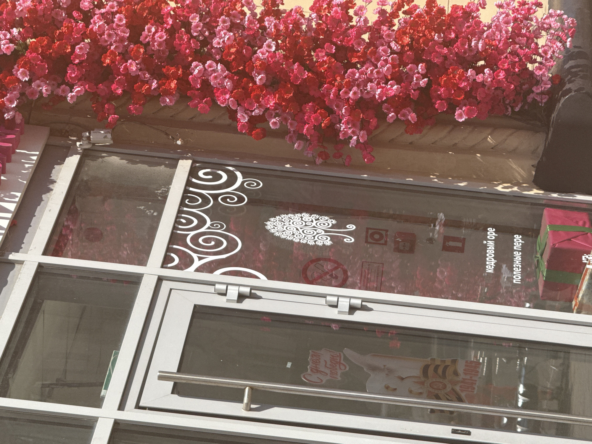 The image depicts a storefront in Moscow, Russia. The facade features an array of artificial red and pink blossoms cascading above the glass-paned entrance. White, ornate decals decorate the upper portion of the glass. Signage in Russian is visible inside, along with a no-smoking symbol and a fire extinguisher. A “Victory Day” sticker is affixed to the door. The door frame and handle are silver. A gift-wrapped box with a green ribbon is also visible inside the store. The building’s exterior has a light brown tone.