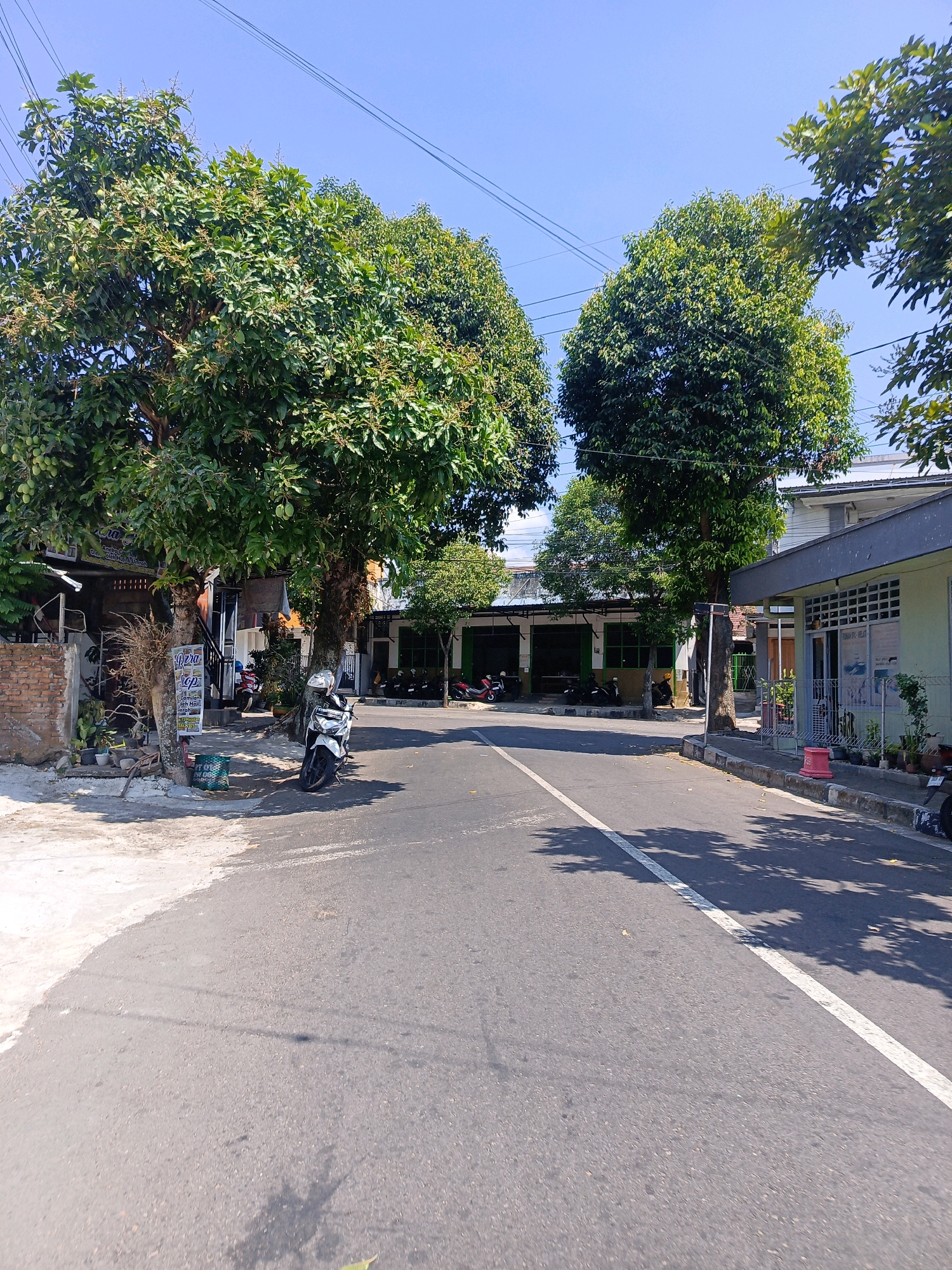 The image depicts a street scene in Kebonagung, Indonesia, under a clear blue sky. The road, paved with asphalt and marked with a white line, stretches towards the background. On the left side of the road, a white motorcycle is parked on the sidewalk next to a brick building and two large trees with green foliage. Several other motorcycles are parked further down the street in front of a row of shops. The shops appear to be single-story structures with awnings. On the right side of the road, a light green building with a gray roof is visible, also with parked motorcycles in front of it. The environment is urban, with trees lining the street and overhead power lines visible against the sky. The scene appears to be a typical daytime street view in a residential or commercial area.