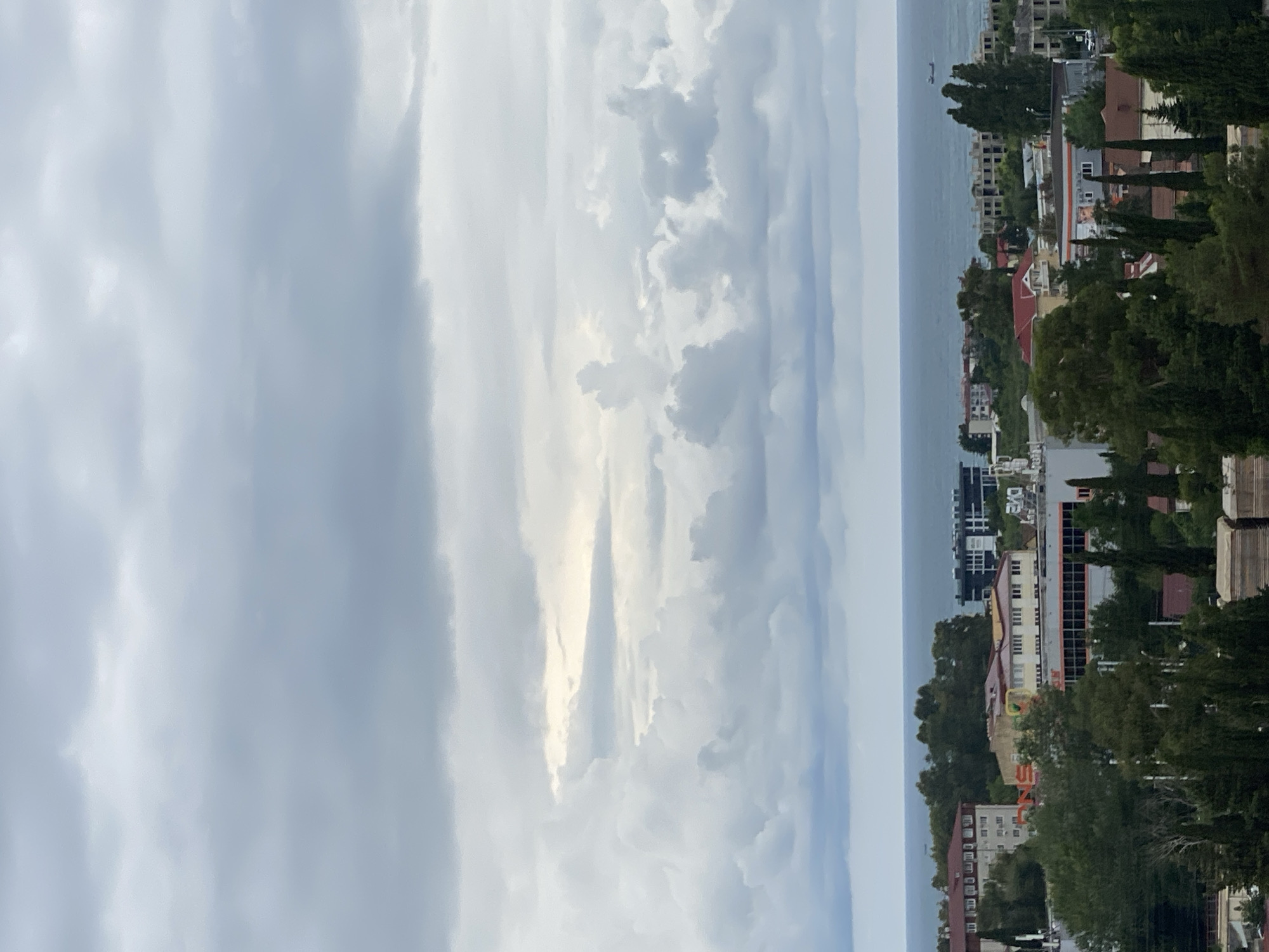 This is an exterior, eye-level, medium shot of a coastal city, likely Sochi, Russia, under a cloudy sky. In the foreground, the tops of tall, slender trees and various residential and commercial buildings are visible. The buildings exhibit diverse architectural styles, including multi-story apartment complexes with light-colored facades and flat roofs, as well as some with darker accents. A few structures appear to be under construction. Beyond the buildings, a large body of water, presumably the Black Sea, stretches to the horizon. The water is a muted blue-gray, reflecting the overcast sky. The sky itself is filled with a thick layer of gray and white clouds, with a few brighter patches suggesting diffused sunlight. There are no people or vehicles clearly discernible in the image. The overall atmosphere is calm and somewhat subdued due to the cloudy weather.