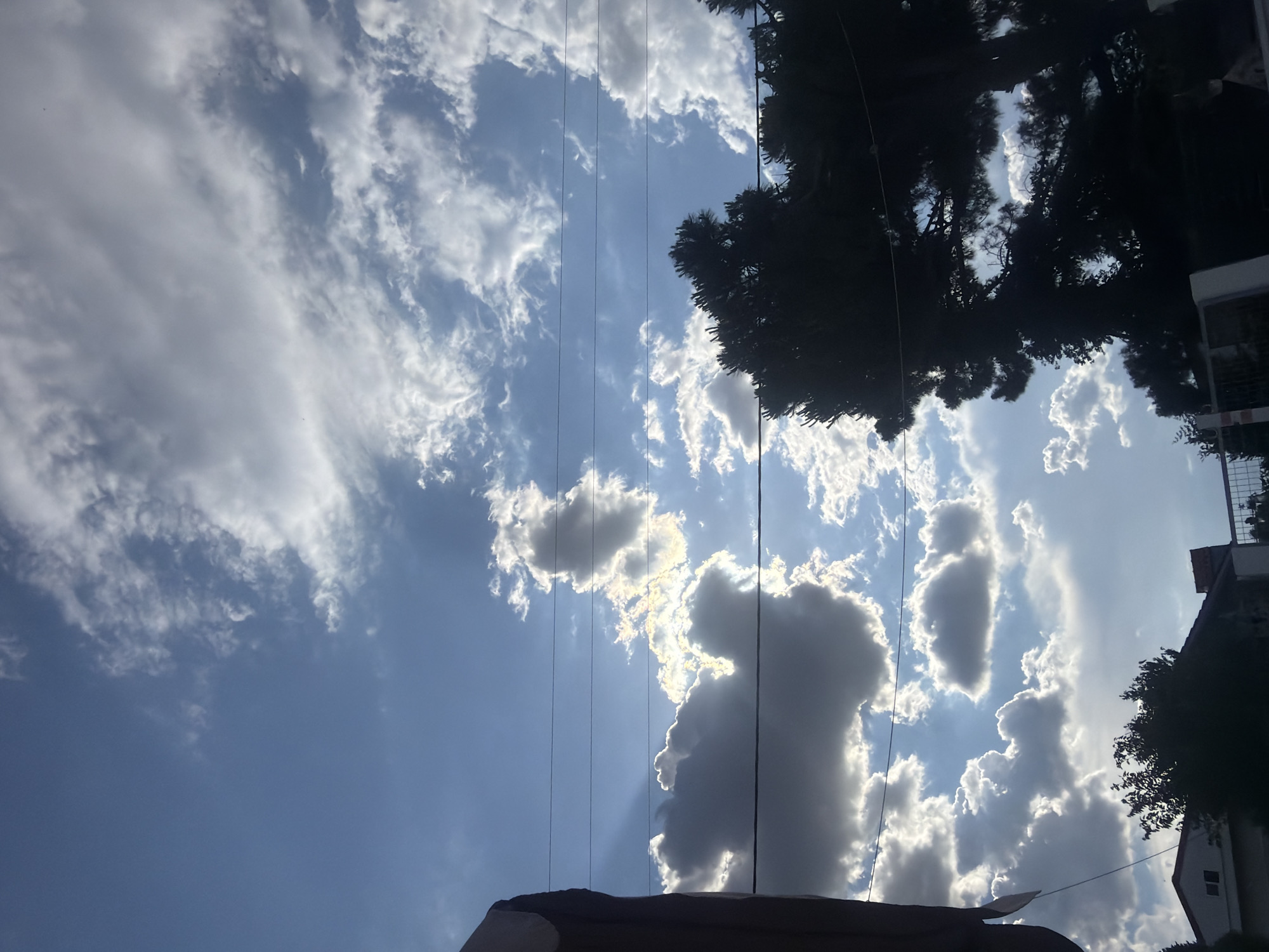 The image depicts a view of the sky with clouds and the silhouettes of trees and buildings against it. There are several thin, dark horizontal lines across the sky, which appear to be power lines. The sun is shining brightly, creating highlights and shadows on the clouds. On the left side of the image, part of a dark, solid object, possibly a building or a large structure, is visible. In the lower portion of the image, the tops of trees and parts of buildings, including a roof with red tiles, can be seen. The scene is outdoors, with a clear blue sky partially obscured by white and gray clouds. The location is identified as Mandra, Greece. There are no people or animals visible in the image. The overall impression is one of an urban or suburban environment viewed from below, looking upwards at the sky.