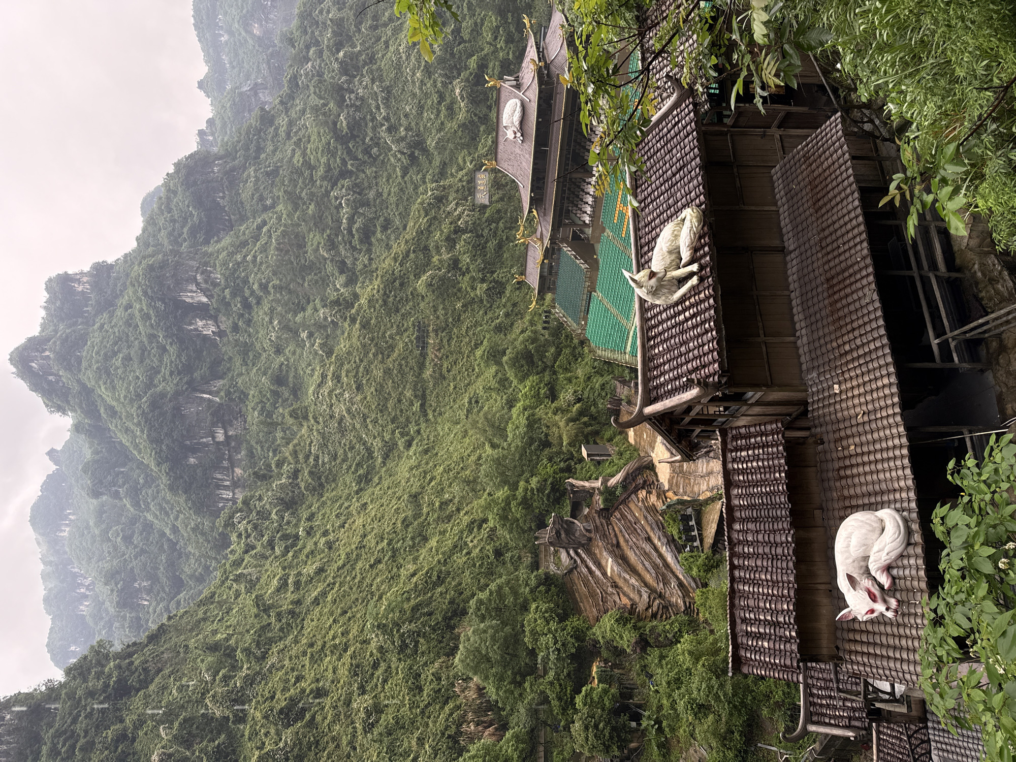 The image captures a view of a landscape in Yongding District, China, showcasing a hillside densely covered with green vegetation and layered rock formations. Buildings with traditional-style architecture, including tiled roofs and ornamental details, are situated on the hillside. Prominently displayed on the rooftops are sculptures of white foxes, each with red eyes. The overall scene conveys a sense of harmony between the built environment and the natural landscape.
