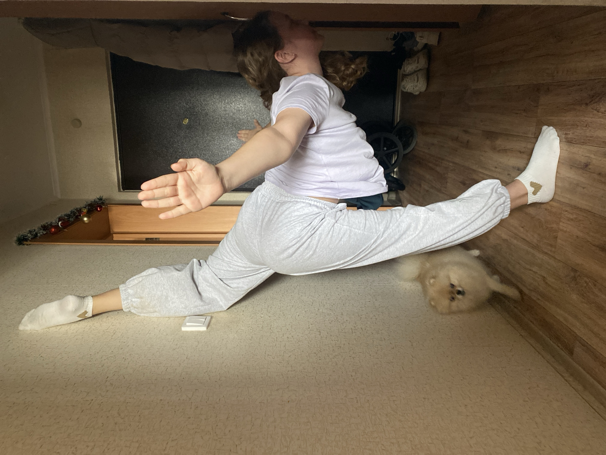 A girl with curly brown hair, wearing a white t-shirt and gray sweatpants, is performing a split on a carpeted floor. Her arms are outstretched to either side. She is wearing white socks. A small, fluffy dog is lying near her right leg. The scene appears to be indoors, possibly under a table or bed, given the low ceiling and surrounding furniture. A garland with ornaments is visible to the left. The setting is in an unknown location.