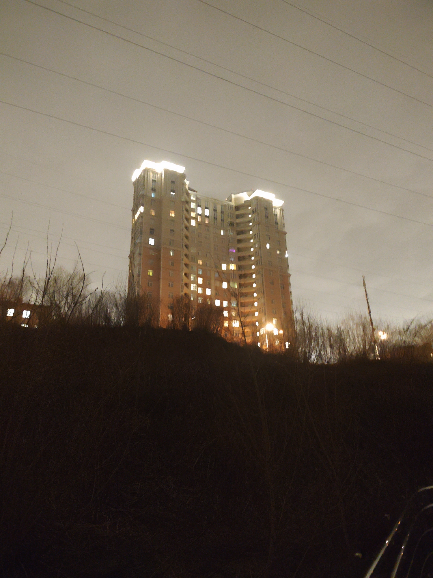 The image depicts a tall apartment building illuminated at night. It is situated on a rise of land, with dark vegetation in the foreground. Overhead electrical wires are visible against the overcast sky. The scene is likely taken in a residential area of Moscow, Russia, due to the typical architecture of the building. The photo contains a high-rise building at night with multiple lights on in the rooms, situated above a dark, hilly landscape covered in vegetation. Overhead electrical wires are visible against the dark sky.