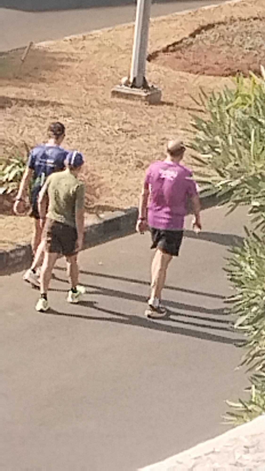Three individuals are walking on a paved surface. The person on the left is wearing a blue shirt and dark shorts, with white sneakers. The middle person is wearing a green t-shirt and dark shorts, with white and yellow sneakers and a blue cap. The person on the right is wearing a purple t-shirt and black shorts, with black and white sneakers. The ground is an asphalt path. Behind the path is a dirt area with some debris. In the background, a light pole is visible. To the right of the path, there is a dense green bush. The scene appears to be outdoors in a city environment. The image quality is low, with poor lighting and resolution, making it difficult to discern fine details or facial features.