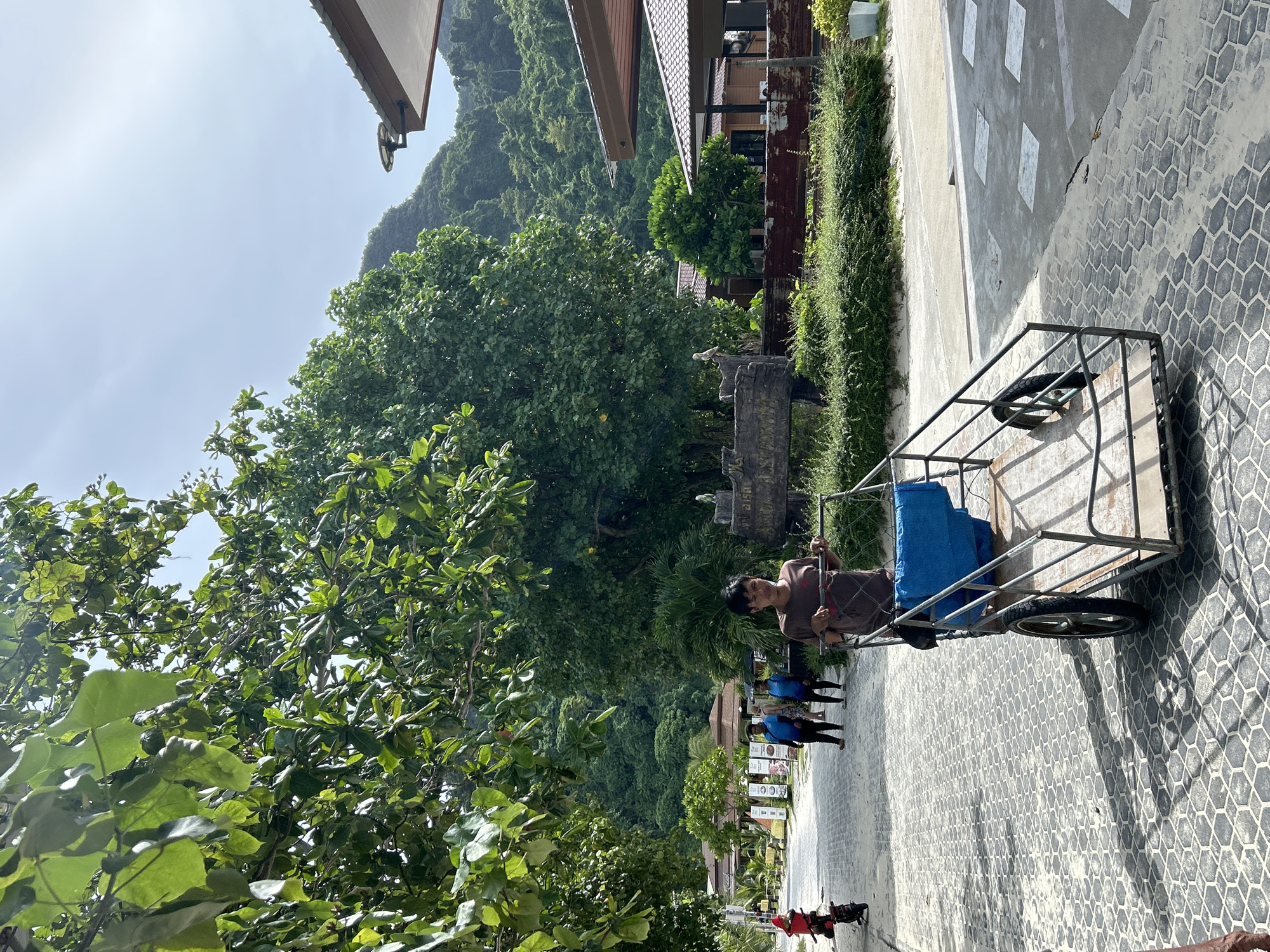 A person pushes a metal two-wheeled cart with a blue tarp on it along a paved walkway. The walkway has a honeycomb pattern. Behind the person, two other individuals walk away from the camera. To the left of the walkway, there is a red scooter parked. Lush green trees and vegetation surround the area. In the background, there are buildings with brown roofs and a lush green mountain. The location appears to be a tropical area, possibly near a beach or resort, consistent with Ao Nang, Thailand.