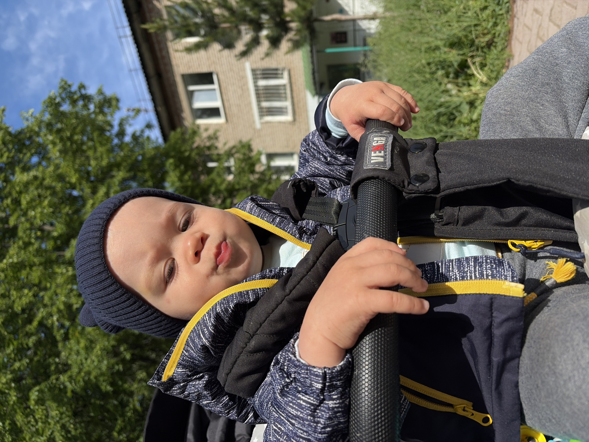 A baby wearing a dark blue hat and patterned jacket is seated in a stroller, holding onto the stroller's black textured handle. The stroller has a black fabric section with a "VEGA" label. The baby is looking slightly off-center with a neutral expression.
In the background, there is a multi-story building with white-framed windows and green trees. The sky is partially visible. The person taking the picture seems to be located in Chaikovsky, Russia. The baby is sitting in the stroller, with someone presumably pushing it.