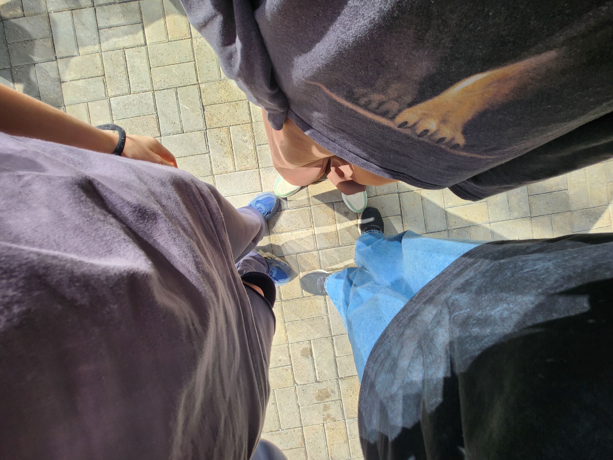Here is a description of the image:
The image presents a low-angle, close-up shot of three individuals standing on a paved surface of rectangular bricks. The ground is a light beige color, and the angle of the sunlight creates shadows.
The people stand close together. One person is wearing light blue sneakers, a dark gray shirt, and a purplish pair of pants. Another person is wearing light-colored sneakers, and brown pants, under a dark gray shirt with a graphic of a bear's paw on it. The third person is wearing black sneakers and blue jeans, and a black shirt.
The setting appears to be outdoors, possibly in a public space with brick walkways or pavement.