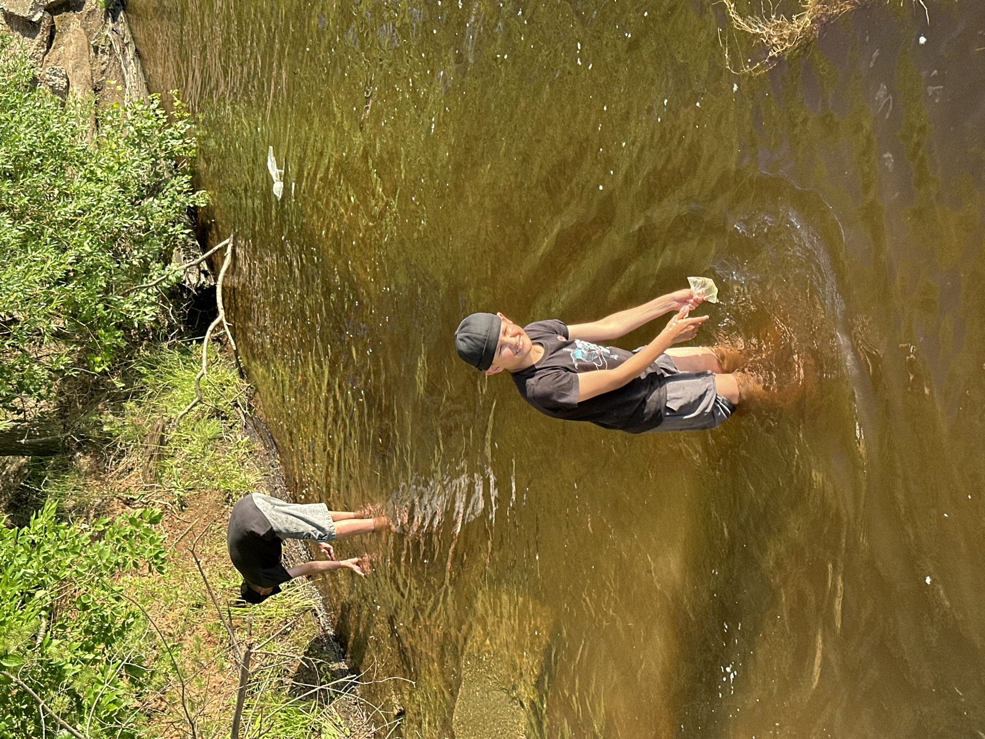 Two boys are standing in shallow, murky water with green and brown undertones, likely a river or lake. The scene is outdoors with lush green foliage and trees lining the bank. The sun is bright, casting dappled light on the water's surface and creating reflections.
The boy in the foreground is wearing a black t-shirt, grey shorts, and a black baseball cap. He is smiling and looking at the camera, with his arms outstretched slightly. He appears to be holding a crumpled piece of paper or plastic in his right hand. The second boy, further in the background, is wearing a black t-shirt and shorts and is facing away from the camera, with his hands in the water. His posture suggests he might be reaching for something or observing something in the water.
The overall mood seems relaxed and playful, consistent with a summer day activity. The clear sunlight suggests it is daytime, likely midday or afternoon. The presence of abundant greenery indicates a warmer season.