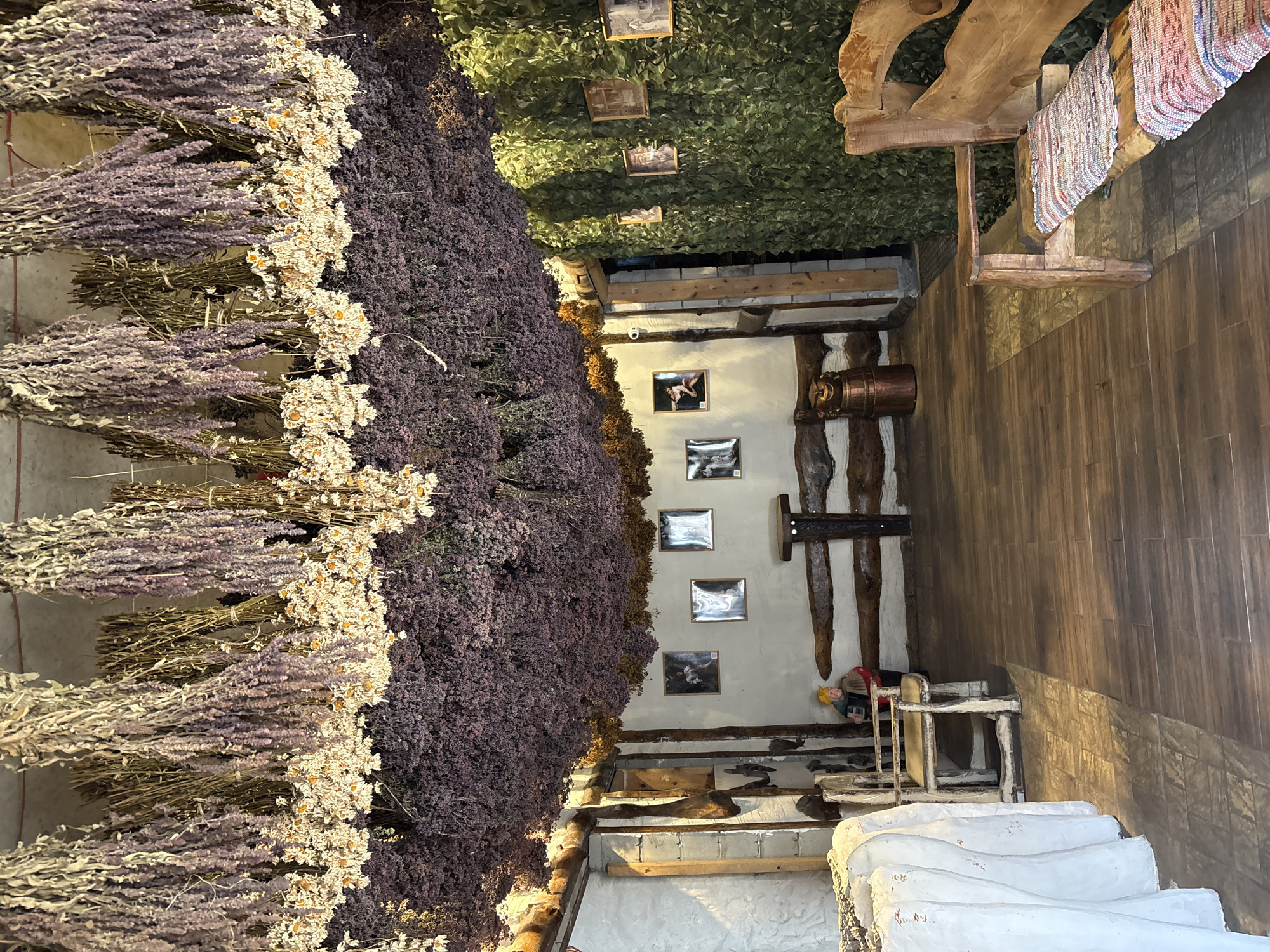 The scene depicts an interior space in Bely Klyuch, Russia, heavily adorned with rustic and dried botanical elements. The ceiling is covered with a dense canopy of dried plants, arranged in distinct layers: upper bunches of dried purple flowers (likely lavender) and white/yellow daisy-like flowers, overlying a continuous, thick mat of smaller dried dark purple foliage.
The walls are a combination of light-colored, possibly stucco or whitewashed, surfaces integrated with rough-hewn wooden beams and logs. On the left, a large white-draped object, potentially a table, is partially visible. The back wall features a low, rustic wooden railing. Four framed pictures, depicting figures, are hung along this wall. A small wooden chair is positioned against the back wall, and a figurine of a person in a yellow hat and red clothing, playing an accordion, sits on the floor near the chair. Further right, a copper-colored cylindrical vessel with a sculpted face is visible on the floor beside a wooden post. The right wall is entirely covered with a uniform green artificial foliage or camouflage netting, upon which multiple framed pictures are mounted. A rustic wooden bench with a multi-colored woven fabric mat is situated in the foreground on the right. A dark doorway is visible in the background on the right.
The floor is tiled, featuring a lighter rectangular pattern in the foreground and left, transitioning to a darker, wood-grain patterned tile across the central and right portions of the room. No people are present.