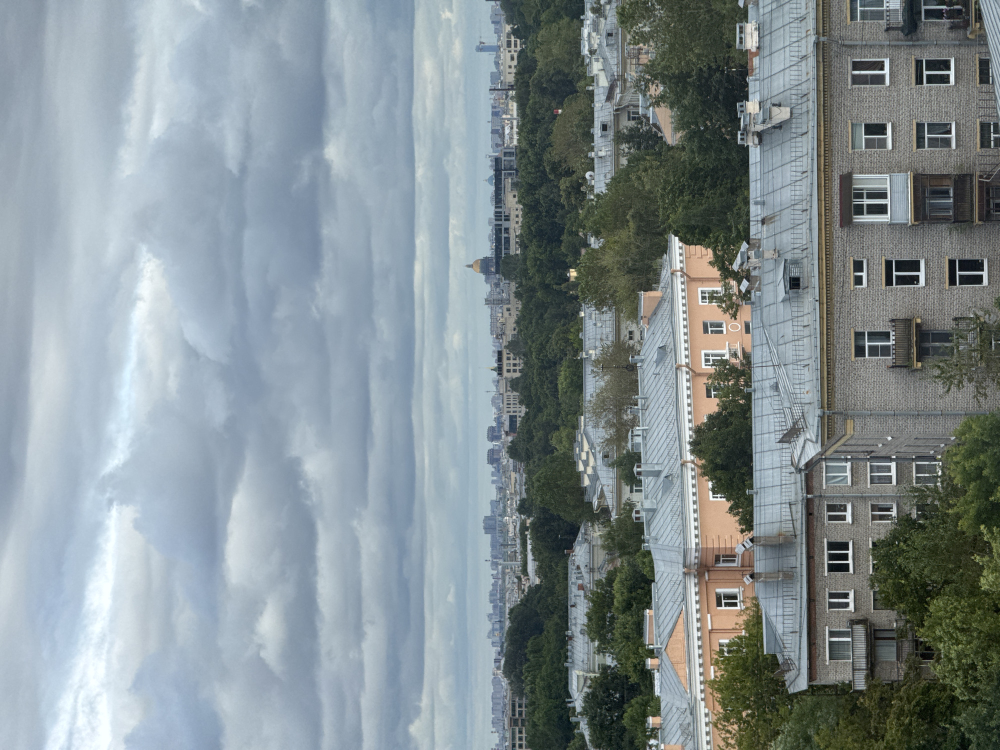 This image captures a panoramic view of a city skyline under a cloudy sky. In the foreground, several multi-story residential buildings with grey, pitched roofs are visible. These buildings appear to be constructed with brick, some of which are light grey, while another larger building in the mid-ground features a salmon-pink facade and a grey roof. The roofs are equipped with numerous ventilation pipes and chimneys.
Beyond the immediate buildings, a dense expanse of lush green trees forms a significant portion of the mid-ground, obscuring the lower parts of more distant structures. Further in the distance, a more extensive cityscape unfolds, characterized by a mix of modern and older buildings. A notable landmark, a golden dome, is visible amidst the urban landscape, characteristic of a church or cathedral. The horizon is a hazy line of buildings, suggesting a large metropolitan area. The sky is filled with heavy, grey clouds, creating a subdued and overcast atmosphere. The scene is devoid of people or any discernible activity. The image is likely taken from an elevated viewpoint, offering a broad perspective of the urban environment of Saint Petersburg, Russia.