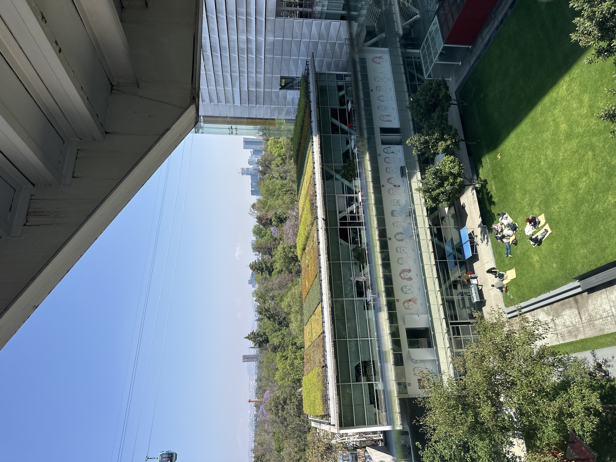 This is an elevated view of a building in Mexico City, Mexico.
The building has a vertical garden on its roof, featuring various shades of green vegetation. Large glass windows line one side of the building. On the exterior wall, there is a mural of sketched faces. To the right of the building is a lawn where several people are gathered, some lying on mats and others sitting or standing nearby.
In the background, a dense collection of trees can be seen. Behind the trees, a city skyline is visible under a clear, blue sky.
In the foreground, the edge of a structure is seen, appearing to be part of the elevated platform from where the picture was taken. There are also some cable lines visible in the sky. A small gondola is seen hanging on the cable.