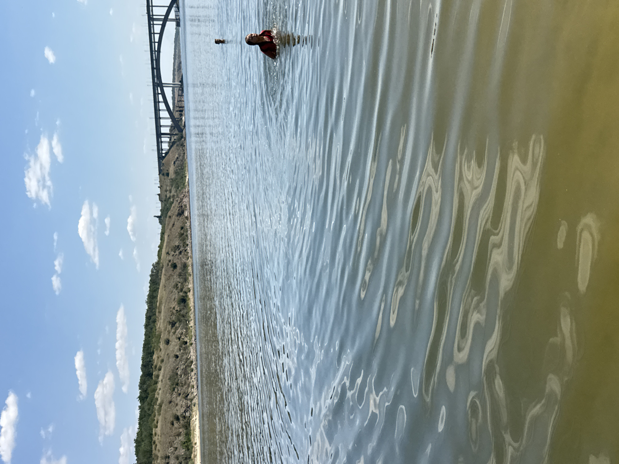 On a clear, sunny day in Zaporizhzhia, Ukraine, a person wearing a red life vest is swimming in a body of water. The person is partially submerged, with their head and shoulders visible above the surface. In the background, a large bridge spans the water, and a treelined embankment can be seen on the opposite shore. The water is calm with gentle ripples, reflecting the blue sky and white clouds. Another person is visible further out in the water, also swimming. The scene appears to be a recreational area, likely a river or reservoir.