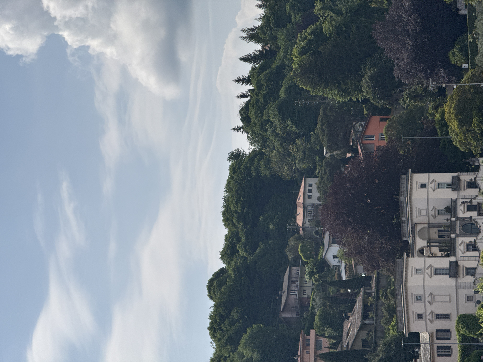 A picturesque scene depicts a hillside town in Malgrate, Italy, under a bright, partly cloudy sky. The upper portion of the image features a clear light blue sky, adorned with scattered white clouds; some appear wispy and thin, while others are larger and denser.
The central and lower portions of the frame are dominated by a lush, verdant hillside densely covered with trees. The foliage is primarily dark green, suggesting a thick forest or extensive wooded area. Among the greenery, some trees stand out with distinct reddish-purple leaves, adding color variation to the landscape.
Numerous buildings are nestled into the steep slope, blending with the natural environment. In the lower right foreground, a prominent, multi-story building stands out. It's light-colored with classical architectural elements, featuring arched openings, balconies, and multiple rectangular windows, some equipped with dark shutters. Further up the hillside, towards the center-right, a distinctive orange or terracotta-colored house with several windows and a sloping roof is visible. Other houses, varying in size and color (mostly light or muted tones), are scattered throughout the dense foliage.
Utility poles and overhead wires are discernible in several places, running through the trees and near the houses. The scene suggests a clear daytime with ample sunlight, and there are no discernible people or visible text. The overall atmosphere is serene and characteristic of a scenic Mediterranean hillside settlement.