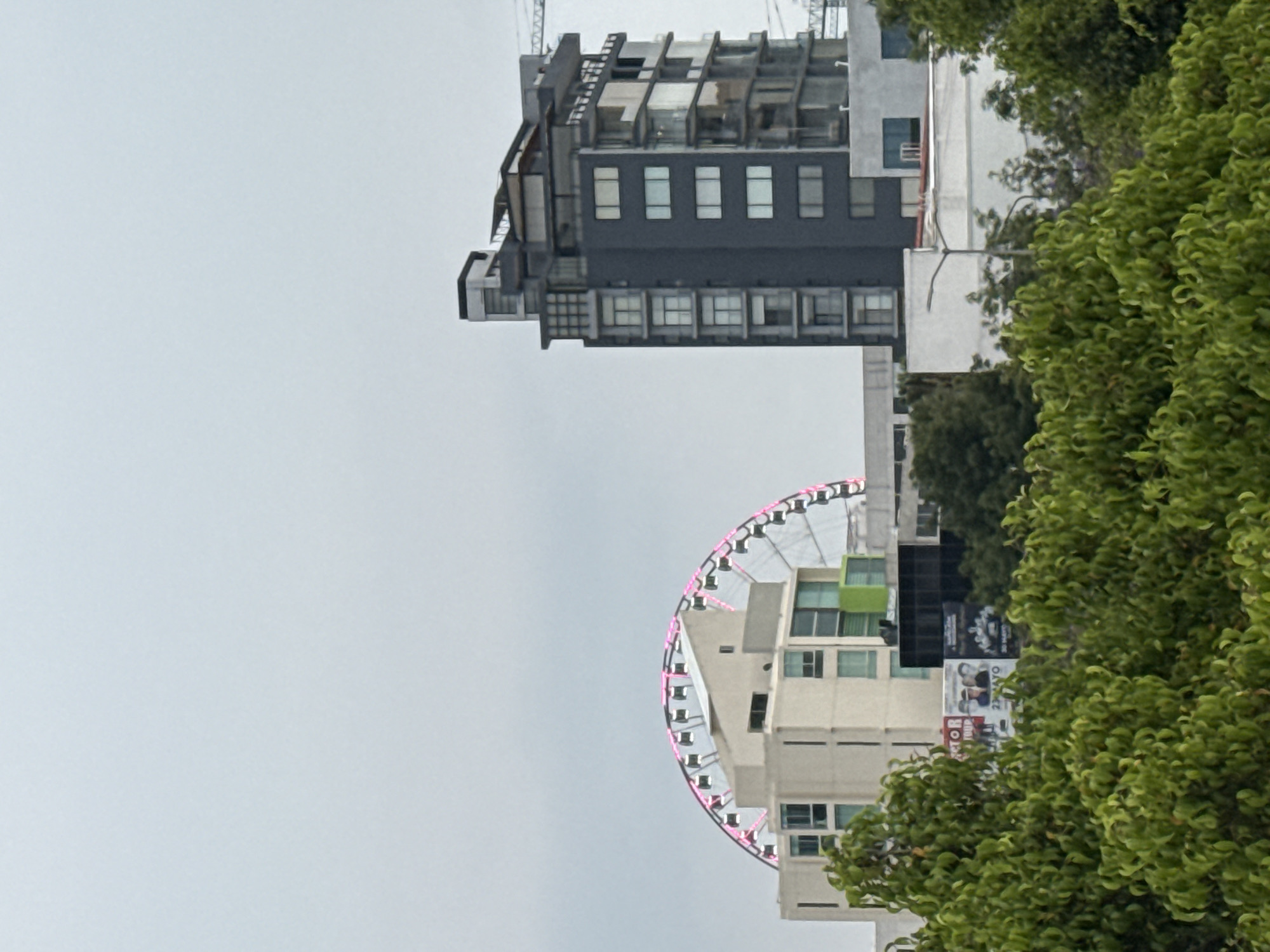 The image depicts a view in Puebla, Mexico, featuring a Ferris wheel with pink lights, a gray modern building with multiple windows, and green trees. The sky is overcast. The buildings and Ferris wheel appear adjacent to each other. There are no visible people.