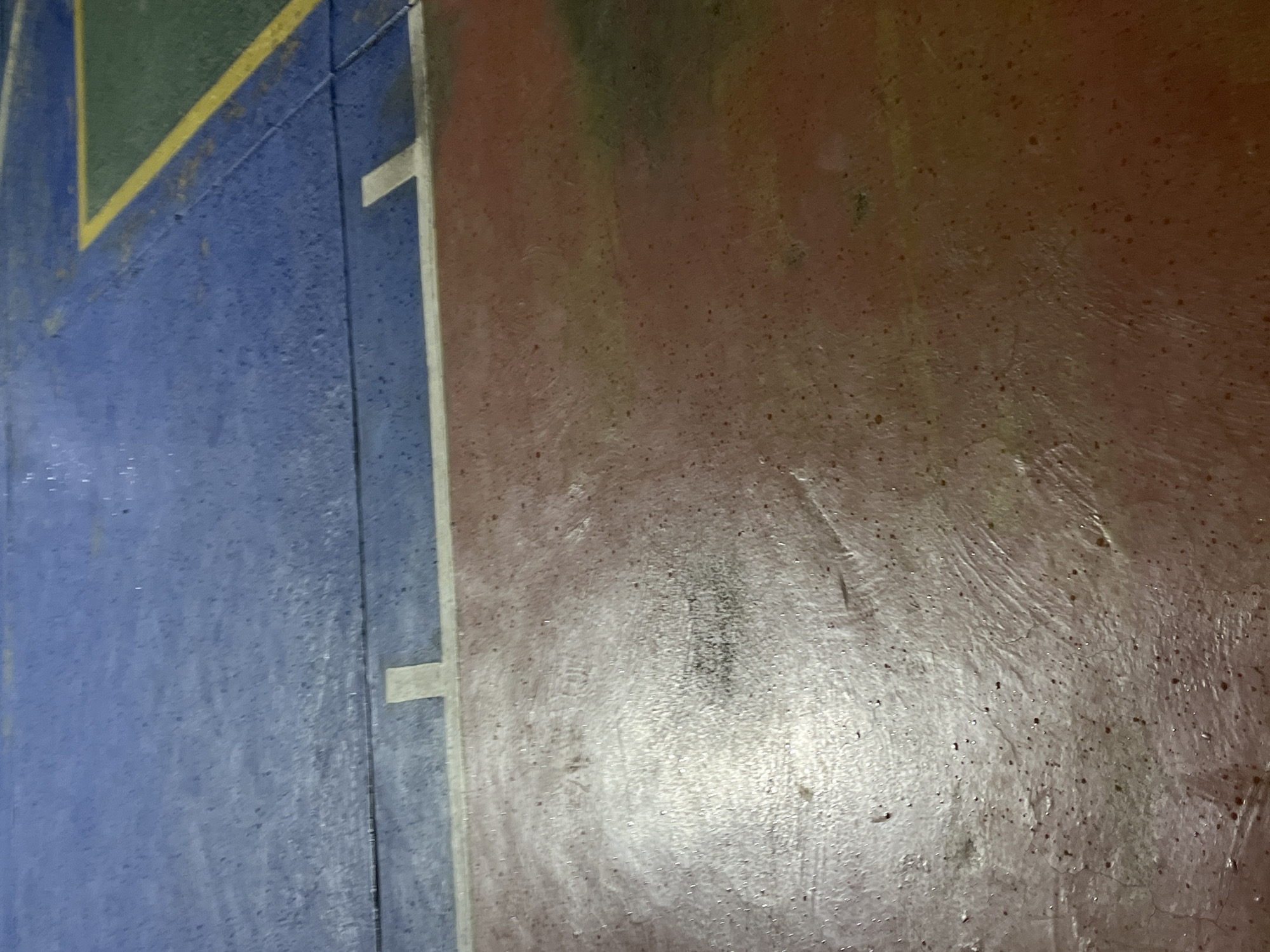 This image depicts a close-up, overhead view of a damp, multi-colored sports court surface. The court is divided into sections of blue, red, and green, demarcated by white and yellow lines. The red section in the foreground shows a glossy, wet sheen, with visible water droplets and small dark specks. The blue section in the upper portion of the image also appears wet, with a similar texture and scattering of dark marks. A white line runs horizontally across the middle of the image, separating the red and blue sections, and a faint yellow line is visible in the upper right corner, bordering a green area. The lighting suggests an indoor or covered environment, possibly a gymnasium or recreational facility. The image does not contain any people or specific objects that would indicate a precise location within Santa Ana, Venezuela.