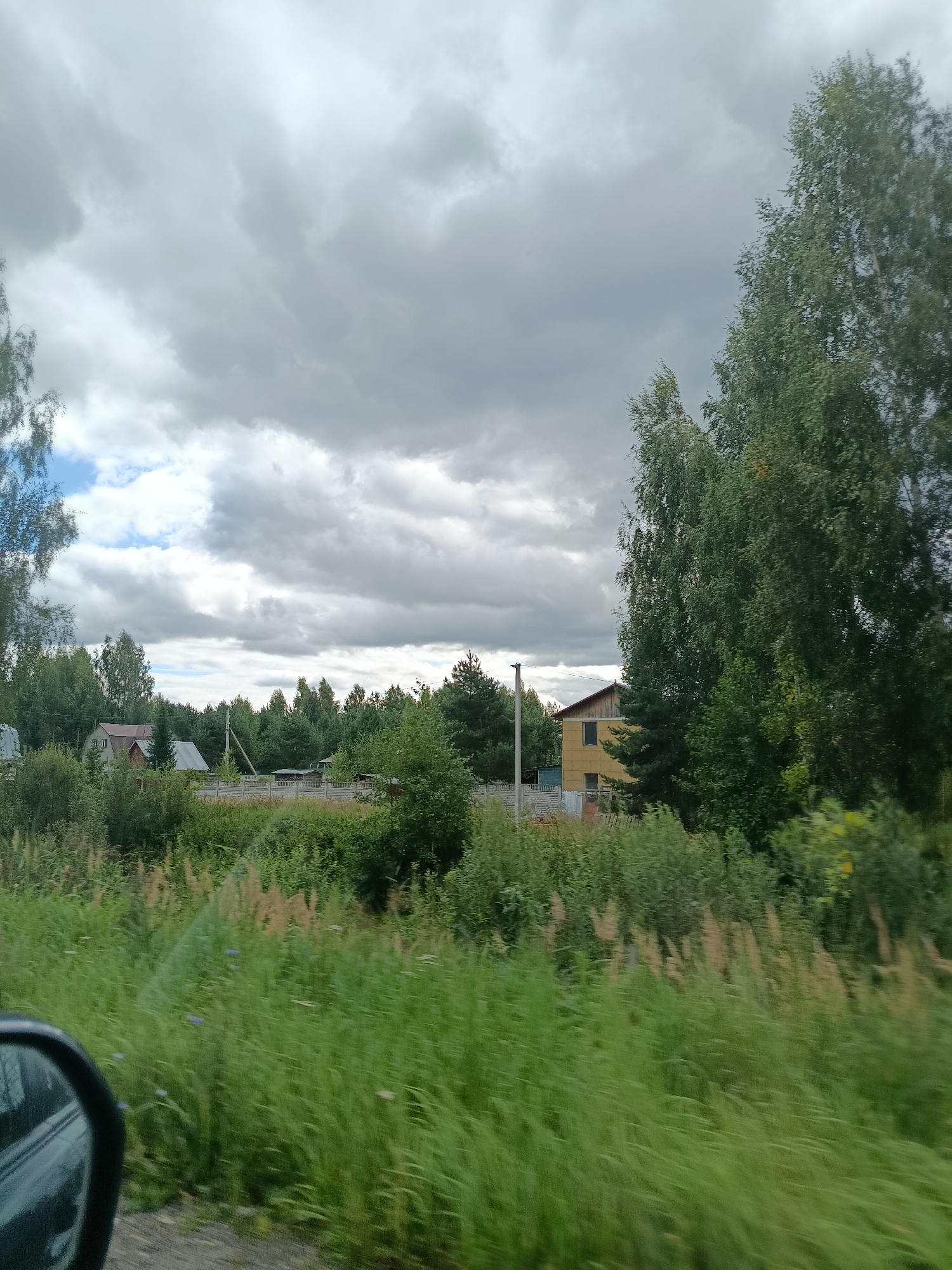 The image depicts a rural roadside scene in the vicinity of 1-Go Maya, Russia, under an overcast sky with dramatic cloud formations. In the foreground, a car's side mirror is visible on the left, reflecting a blurred gray surface. A dense field of green grass, with some stalks appearing dried and lighter in color, stretches across the middle ground. Beyond the field, a low, light-colored concrete fence runs horizontally. Several houses and outbuildings are scattered amongst a dense line of trees. One house on the right is a two-story yellow structure with a red roof. Another house to the left is smaller with a brown roof. Tall trees, predominantly deciduous with some evergreens, form a thick border behind the houses and extend to the horizon. A single utility pole with wires is visible near the center of the image. The overall impression is a tranquil, somewhat rustic, rural landscape on a cloudy day.