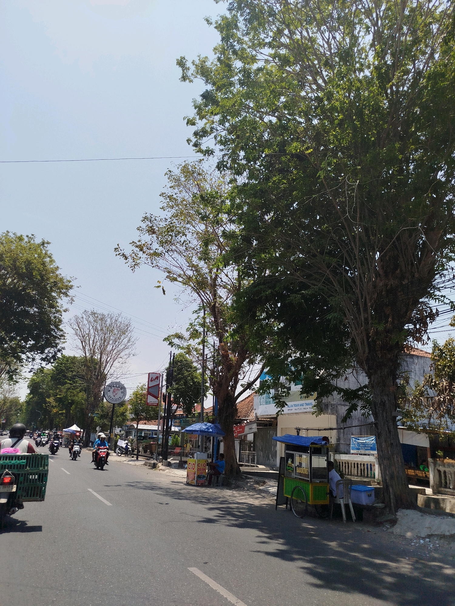 The image depicts a street scene in Kebumen, Indonesia, on a sunny day. A two-lane asphalt road dominates the foreground, with a steady stream of motorcycles traveling in both directions. On the left side of the road, a person is riding a motorcycle carrying a large green plastic crate. Further down the road, several other motorcyclists are visible.
On the right side of the street, there are shops and street vendors. A food cart with a blue tarp and green and yellow trim is parked by the roadside, with a person sitting on a chair next to it. Behind the cart, a building with white walls and a tiled roof is visible, along with a railing and more trees. Several signs are posted on the buildings, including one that reads "LA Seafood" and another with text including "TOUR AND TRAVEL". Large trees with dense green foliage line both sides of the street, casting shadows on the road and sidewalk. The sky is clear and bright blue.