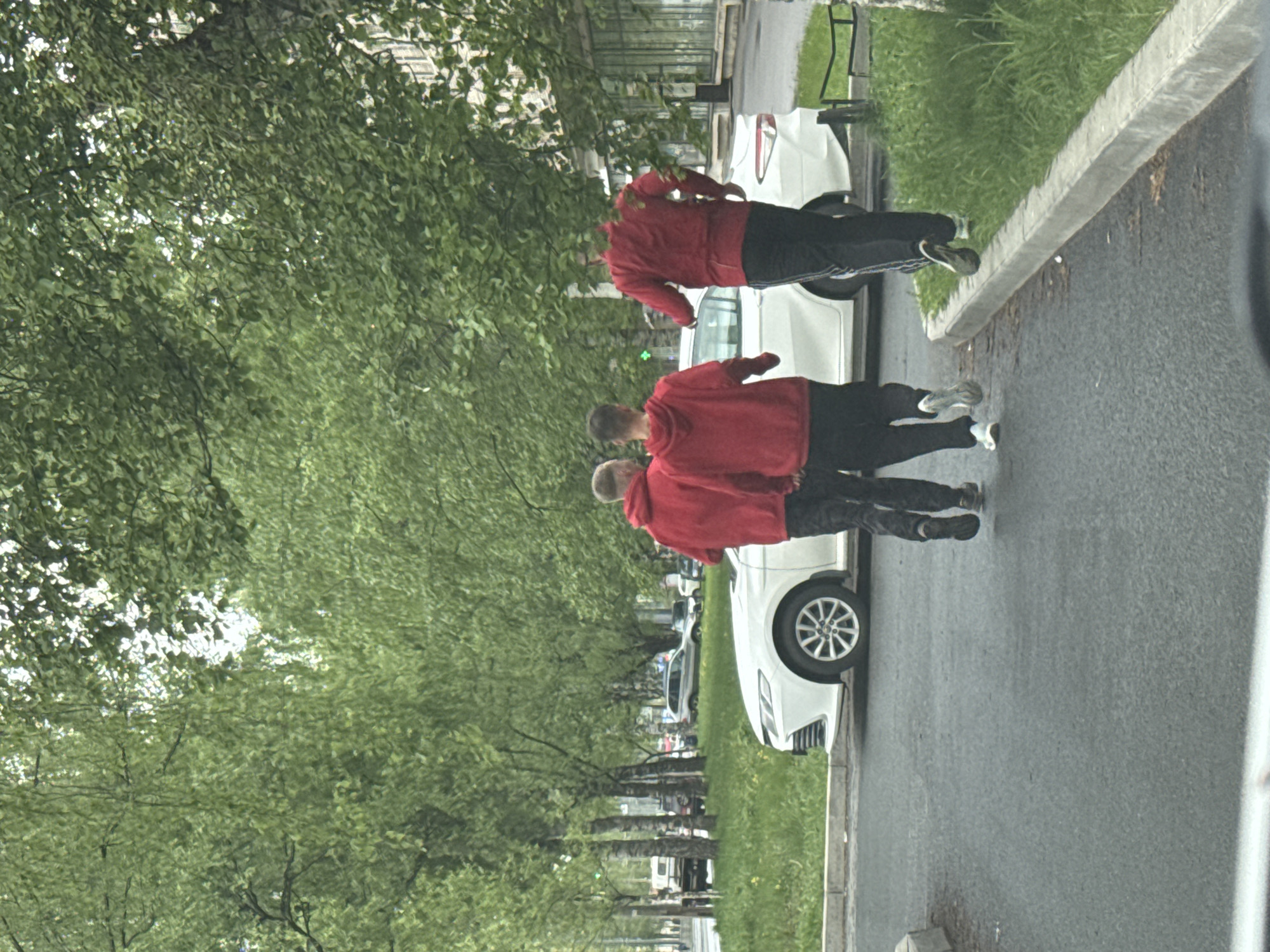 The image depicts three people wearing red hooded sweatshirts and dark pants walking along a paved street in St. Petersburg, Russia. They are walking adjacent to a line of parked white cars and a curb with grass. A row of trees with green foliage lines the opposite side of the street. The setting appears to be an urban area.