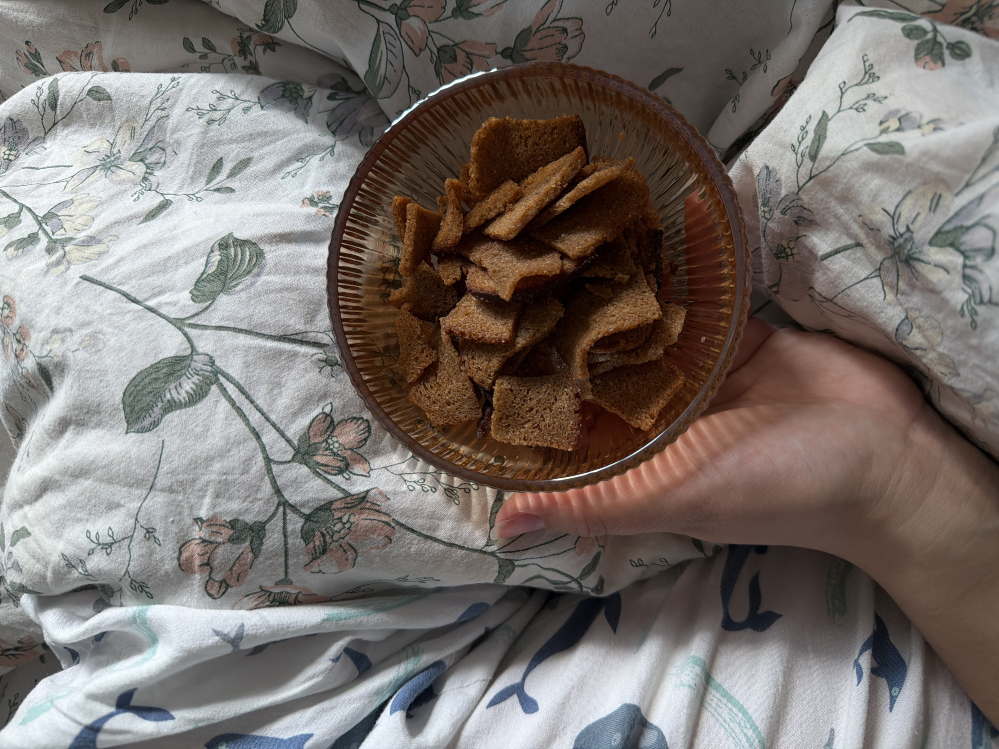 A top-down shot shows a glass bowl filled with dark brown croutons held by a pale-skinned hand resting on a bed covered in a floral and whale-patterned duvet. The bedsheets have a wrinkled texture. The location is unknown, and there is no information to suggest it is Izhevsk, Russia.