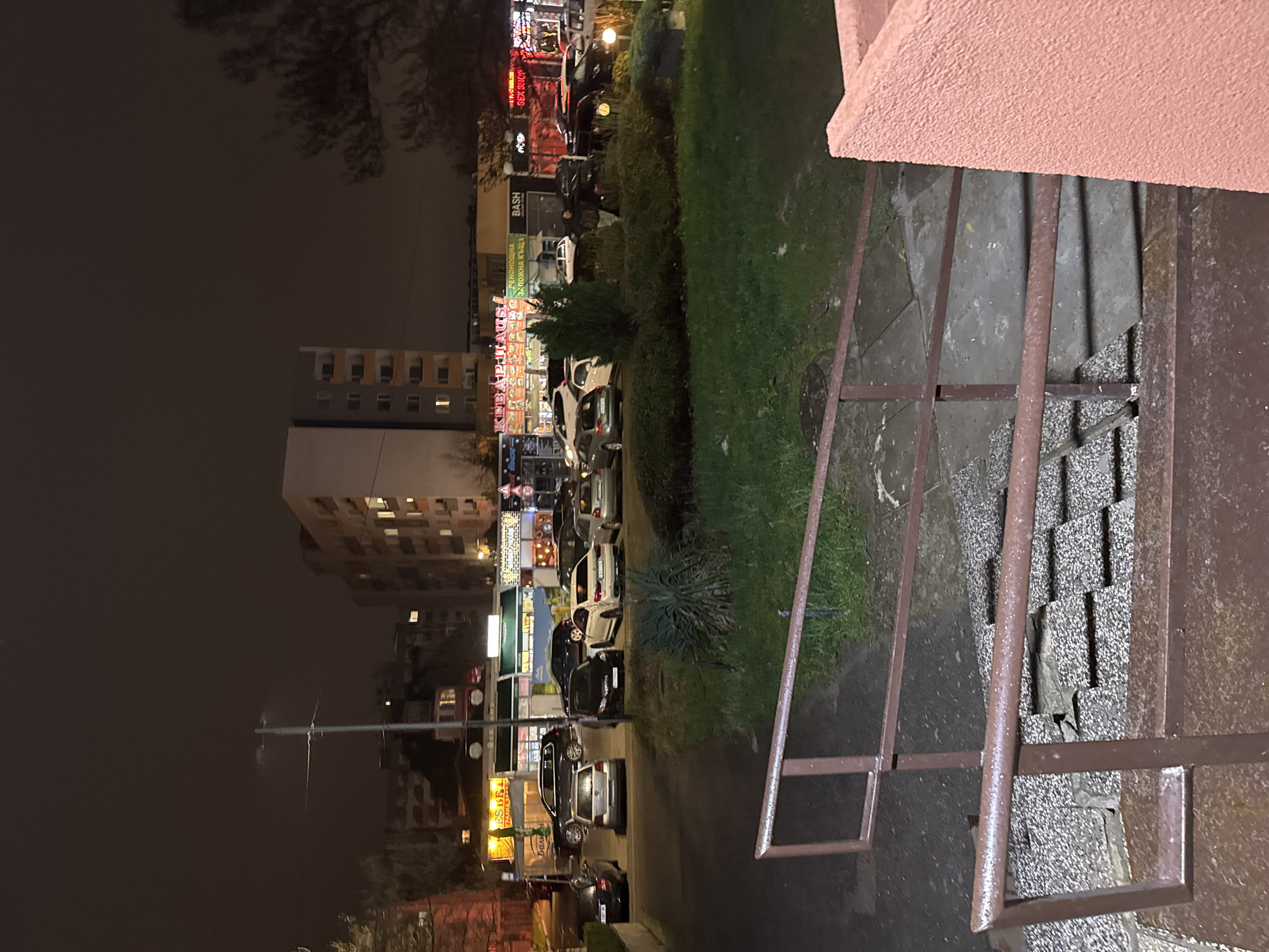 The image depicts a nighttime urban scene in a commercial and residential area within Sofia, Bulgaria. In the foreground, a reddish-brown metal railing on a multi-level paved surface, possibly steps or a ramp, leads down to a darker, wet asphalt ground. A textured, reddish-brown concrete wall is visible on the far right. Adjacent to the paved area, a patch of green grass contains a small landscaped island with low bushes and a conical evergreen shrub.
The midground features a parking lot with approximately a dozen parked vehicles of various makes and models, predominantly sedans and SUVs in dark colors. Beyond the parking lot, a row of single-story commercial establishments line a street. These businesses are brightly illuminated by various signs, including "КЕБАП ХАУС" (Kebab Haus), "ЕДРИБНИ ЕЛЕКТРОУРЕДИ" (Small Appliances), "ХРАНА ЗА ВАС" (Food for You) / "МЕСТНИ ПРОДУКТИ" (Local Products), "ДЪНОЩНА ЗАЛОЖНА КЪЩА" (Pawn Shop), "BASH," and a red neon "SEX SHOP." A street light pole with overhead wires is centrally located in front of these shops. At least two individuals are visible near the commercial buildings and parked cars, but their specific actions or interactions are indistinct due to distance and lighting.
In the background, multi-story residential buildings, likely apartment blocks, rise above the commercial strip. Several windows in these buildings are illuminated. The sky is dark and appears overcast, consistent with a nighttime setting. Bare-branched trees are visible on the periphery, particularly on the right side of the frame.