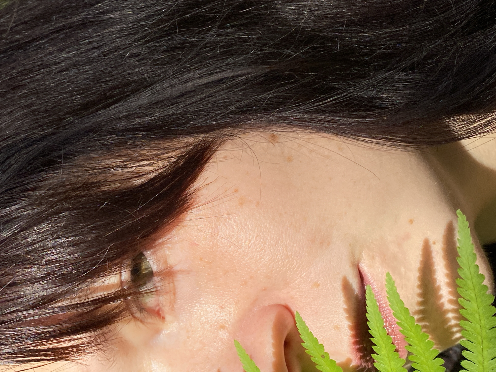 A close-up, half-profile portrait of a person with dark hair. The person's right eye, nose, and lips are visible. A fern frond is positioned in front of the lower half of the face, casting shadows. The background is dark, suggesting an outdoor setting. The location is identified as Fokino, Russia, though no specific urban landmarks are depicted.