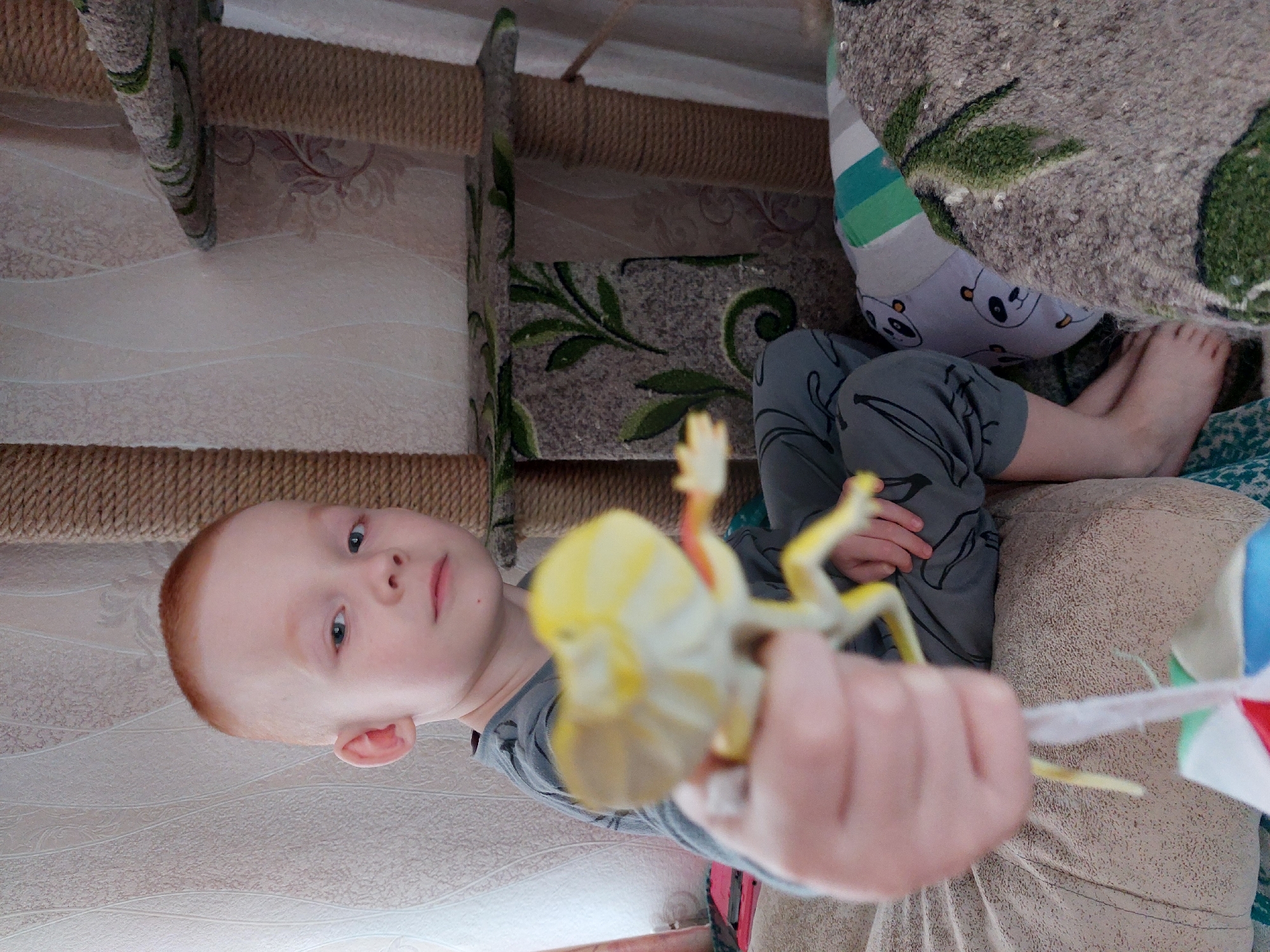 A ginger-haired child is holding a toy chameleon in a child's room. The child is wearing gray pants and lying on a couch. The room appears to be located in Большой Букор, Russia.