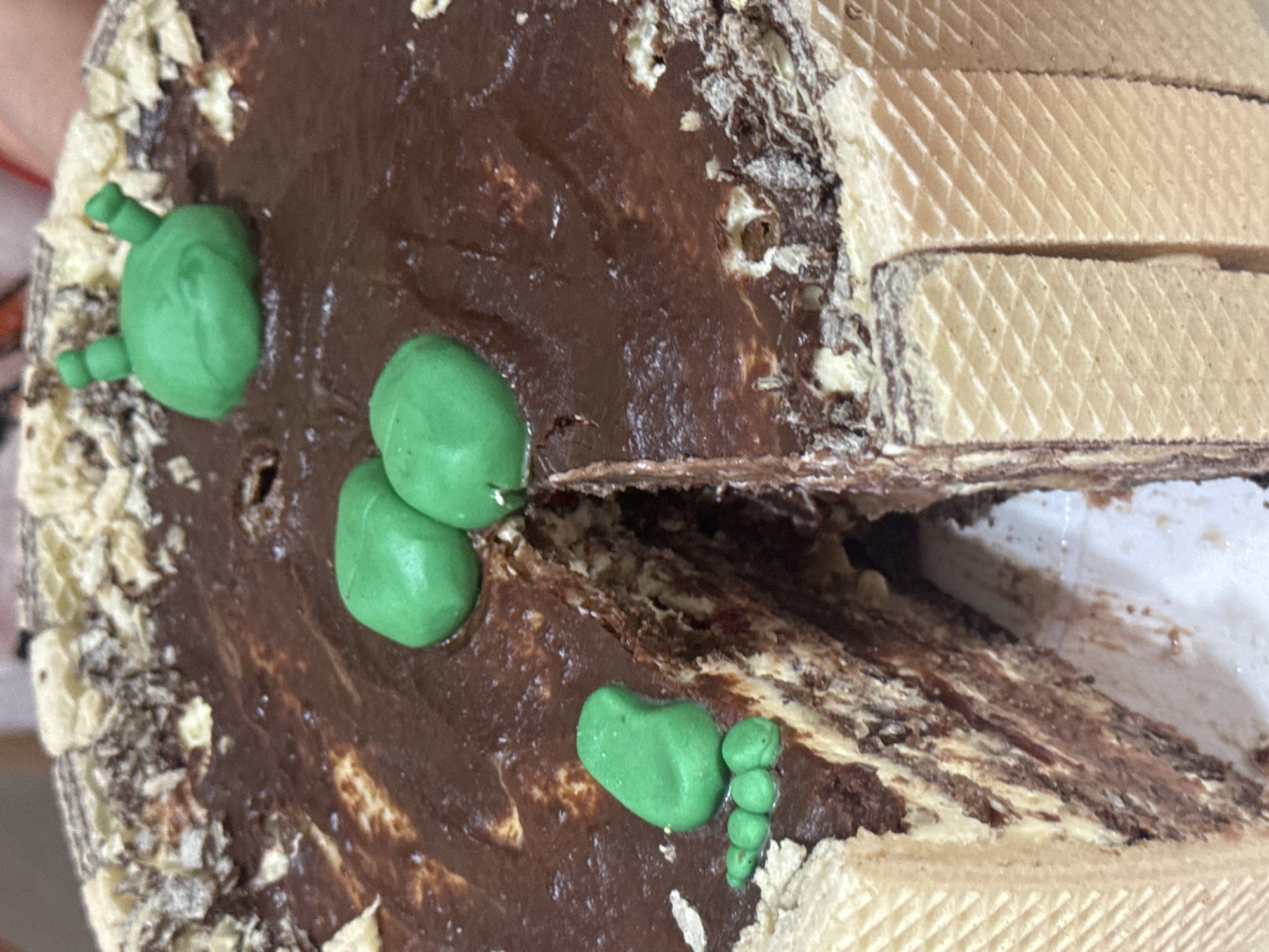This is a close-up, eye-level shot of a chocolate cake decorated with green fondant figures. The cake has multiple layers of chocolate and cream, and the sides are covered with wafer biscuits. The top is frosted with chocolate ganache and sprinkled with crushed wafer biscuits. Three green fondant figures, resembling cartoon characters, are placed on top of the ganache. One figure is near the top right, with two small antennae. Two more figures are grouped together in the center, one slightly behind the other. A single green fondant figure, shaped like a bean with a segmented tail, is positioned on the left side of the cake. A slice has been removed from the cake, revealing the layered interior. The overall lighting is bright, suggesting an indoor setting. The image does not provide any information about the location in Waterford, Ireland.