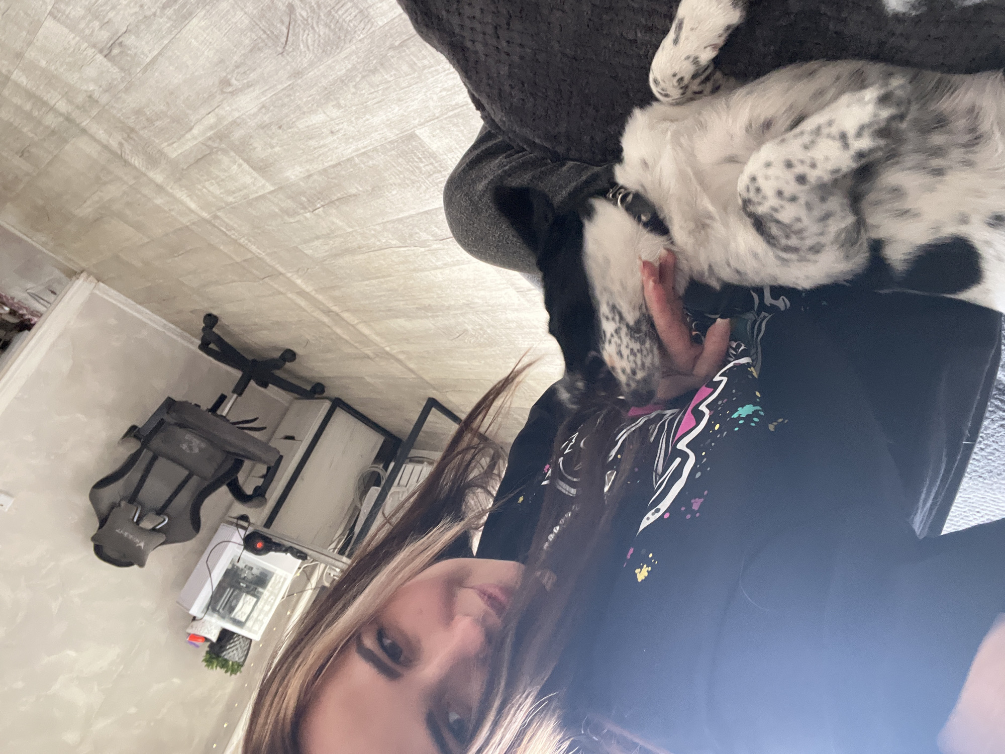 The image shows a selfie taken by a person with light brown hair with blonde highlights. The person is wearing a black shirt with a colorful graphic. They are holding a black and white spotted dog, possibly a Dalmatian, in their arms. The dog is lying on its back. The background features a wooden floor and a wall with a desk chair and a computer tower. The location is indoors, possibly a home in the city of Unknown, Unknown.