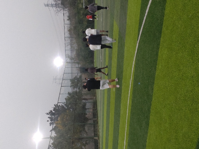 The image displays an artificial turf sports field located in Jiangjin, China. The field features alternating stripes of dark green and light green turf, with white painted lines visible in the foreground and midground. Approximately ten individuals, predominantly adult males, are present on the field, dressed in varied casual athletic wear including shirts, shorts, and track pants. One individual in a black shirt and white shorts stands with their back to the viewer in the near-midground. Other individuals are dispersed across the field, walking or standing, with one person in a red shirt visible near a white goalpost frame on the far right in the background.
The environment appears overcast or foggy, with two intensely bright stadium lights on poles illuminating the scene from the background, creating significant lens flare. A chain-link fence runs across the background, separating the field from an area containing trees and dense foliage. Beyond the vegetation, an electrical transmission tower and power lines are visible against the hazy sky. A dark building or structure is partially discernible behind the fence and trees on the left. A small blue object is present on the turf near the foreground white line. The scene suggests an active or recently concluded group sports activity.