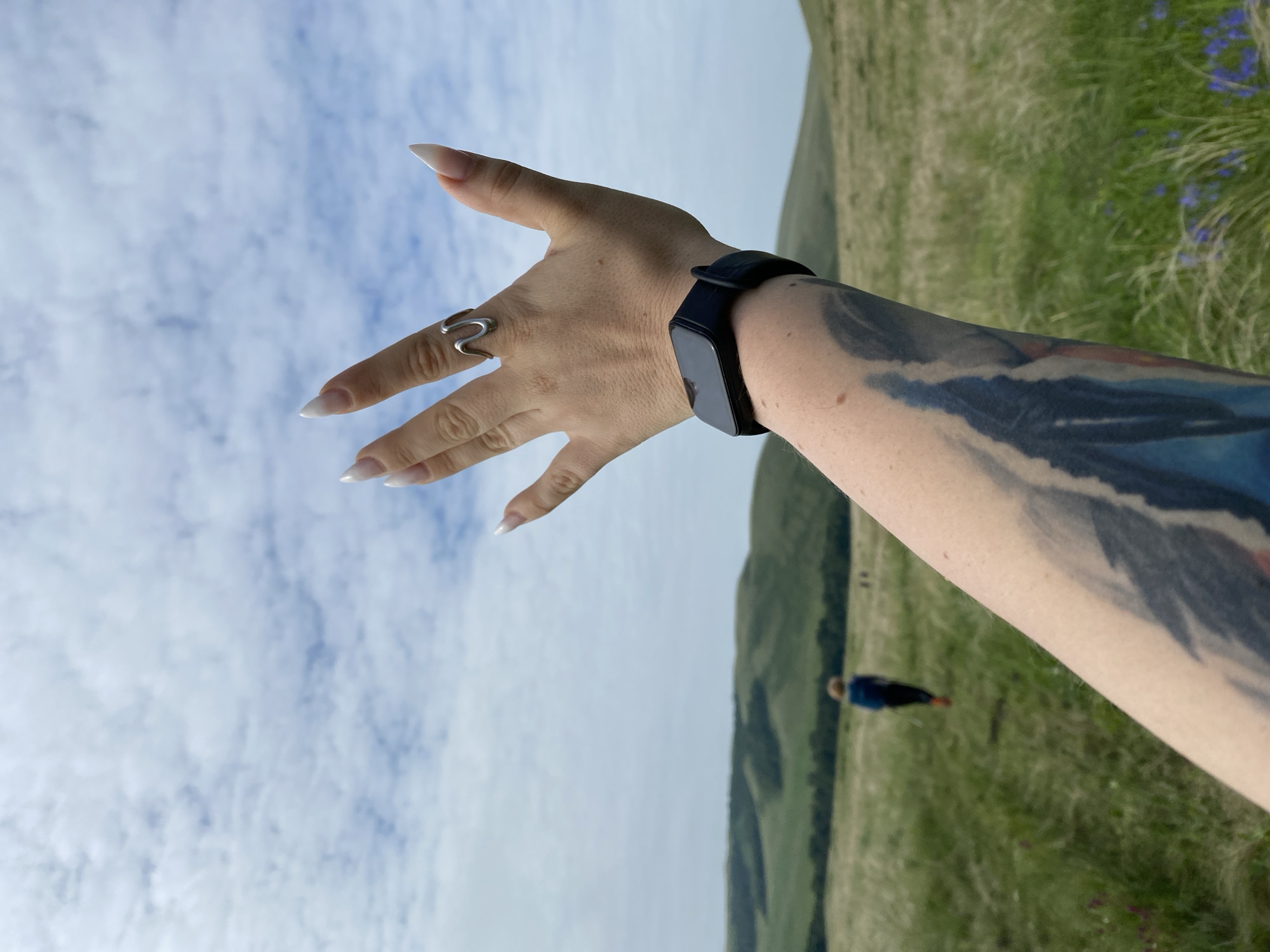 An over-the-shoulder shot, featuring a person's tattooed arm and hand extended towards the viewer, set against a backdrop of rolling green hills under a cloudy sky. The hand, adorned with long, sculpted white nails and a silver ring, is partially open. A black fitness tracker is visible on the wrist. In the middle ground, a solitary figure, appearing to be a child wearing a blue jacket and dark pants, walks away from the camera on a grassy path. The environment is rural, with tall, dry grass in the foreground and lush, green hills in the distance. The location is identified as Bogoslovka, Russia.