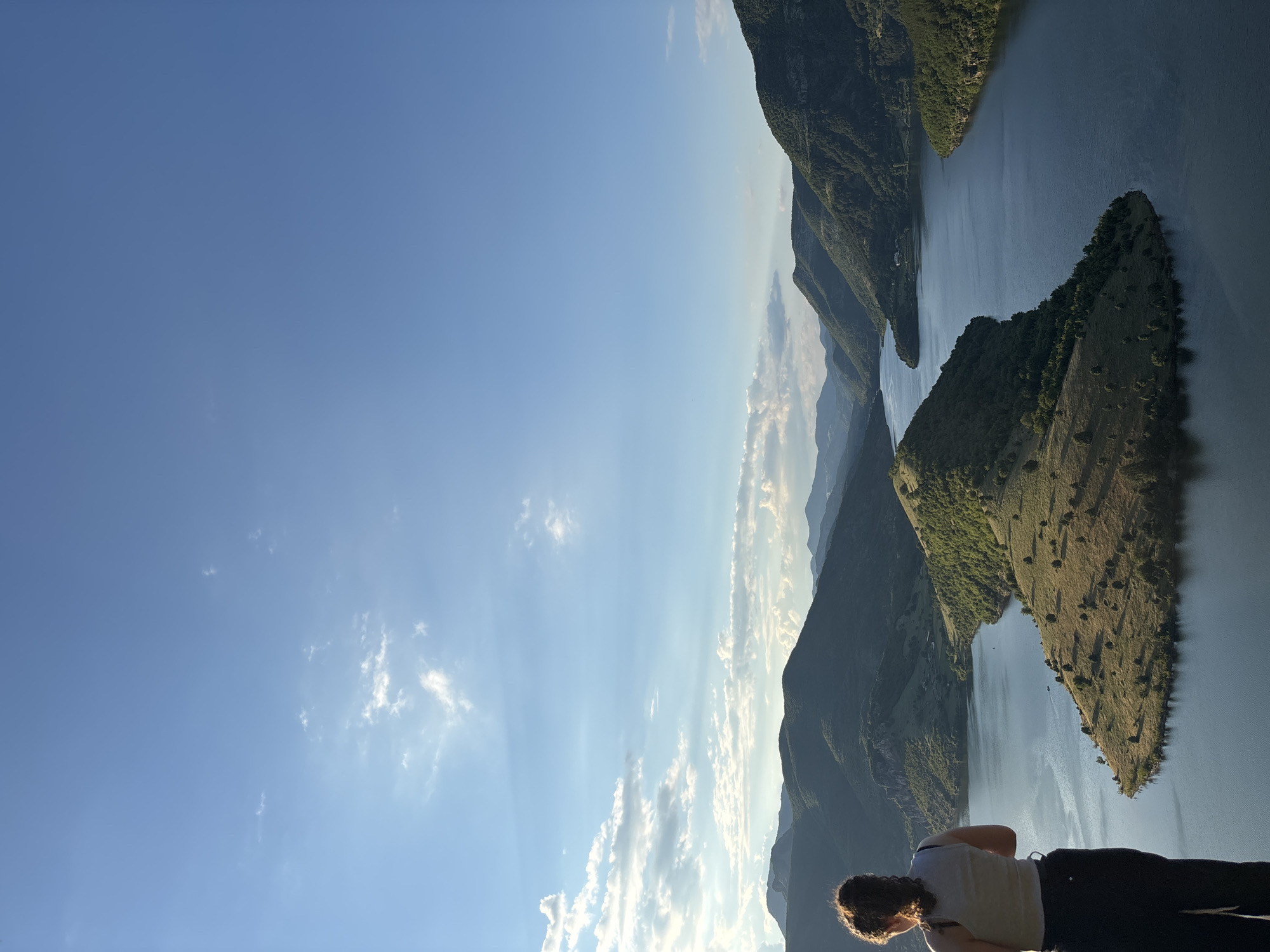 In the city of Borovitsa, Bulgaria, a woman stands on a cliff overlooking a vast body of water surrounded by rolling, verdant hills. The sky above is a clear, brilliant blue, punctuated by scattered white clouds that catch the late afternoon sun. The woman, with her back to the camera, has her hair tied up and is wearing a light-colored tank top and dark pants. She appears to be taking in the scenic vista. The landscape is characterized by dramatic topography, with the water winding through the valleys formed by the mountains. The slopes of the hills are covered in a mix of grassy areas and dense trees, creating a rich tapestry of green. The scene evokes a sense of tranquility and natural beauty.